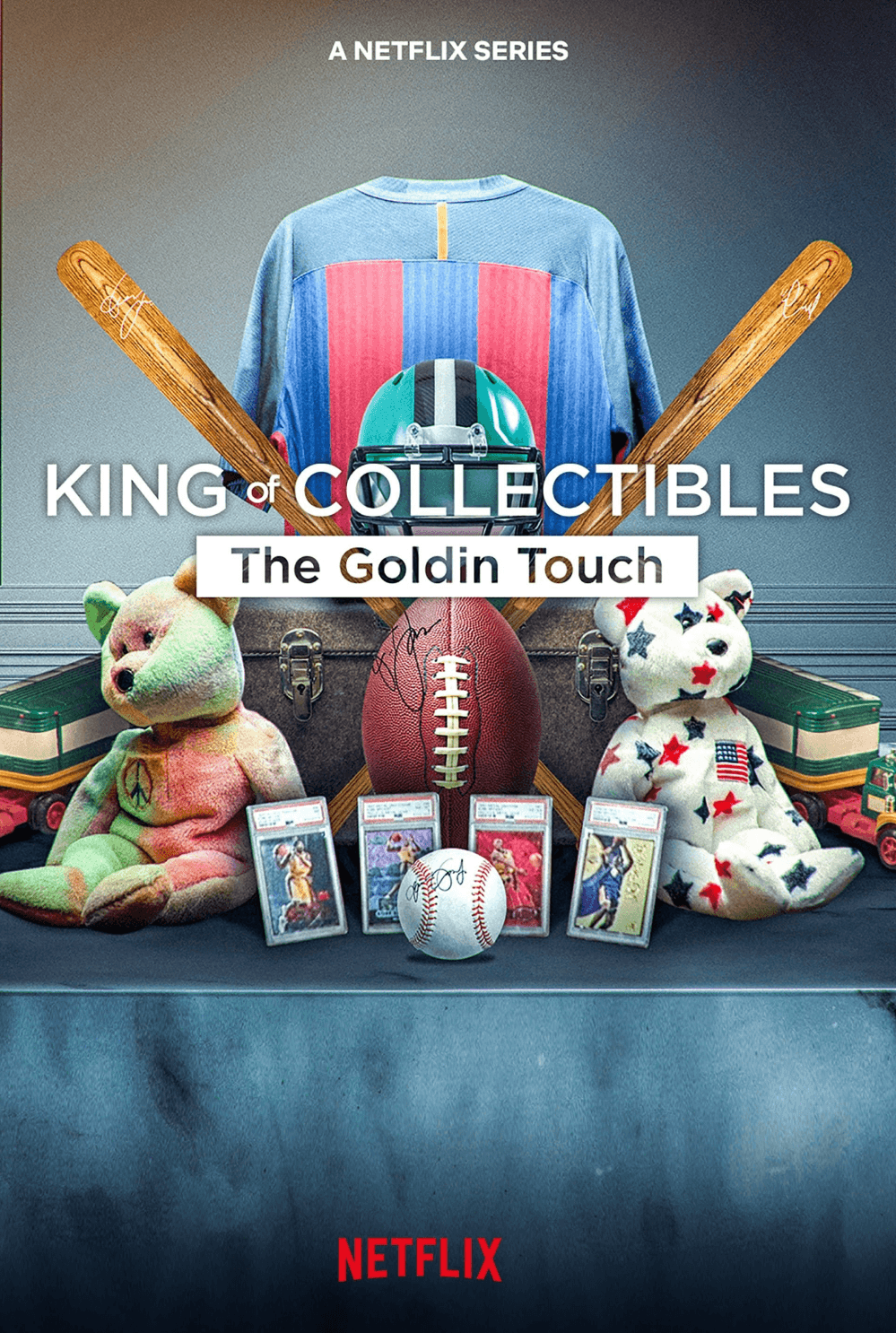 Promotional poster for the Netflix series "King of Collectibles: The Goldin Touch," featuring memorabilia such as teddy bears, a football, a baseball, and signed baseball cards, with sports equipment like a helmet and baseball bats.