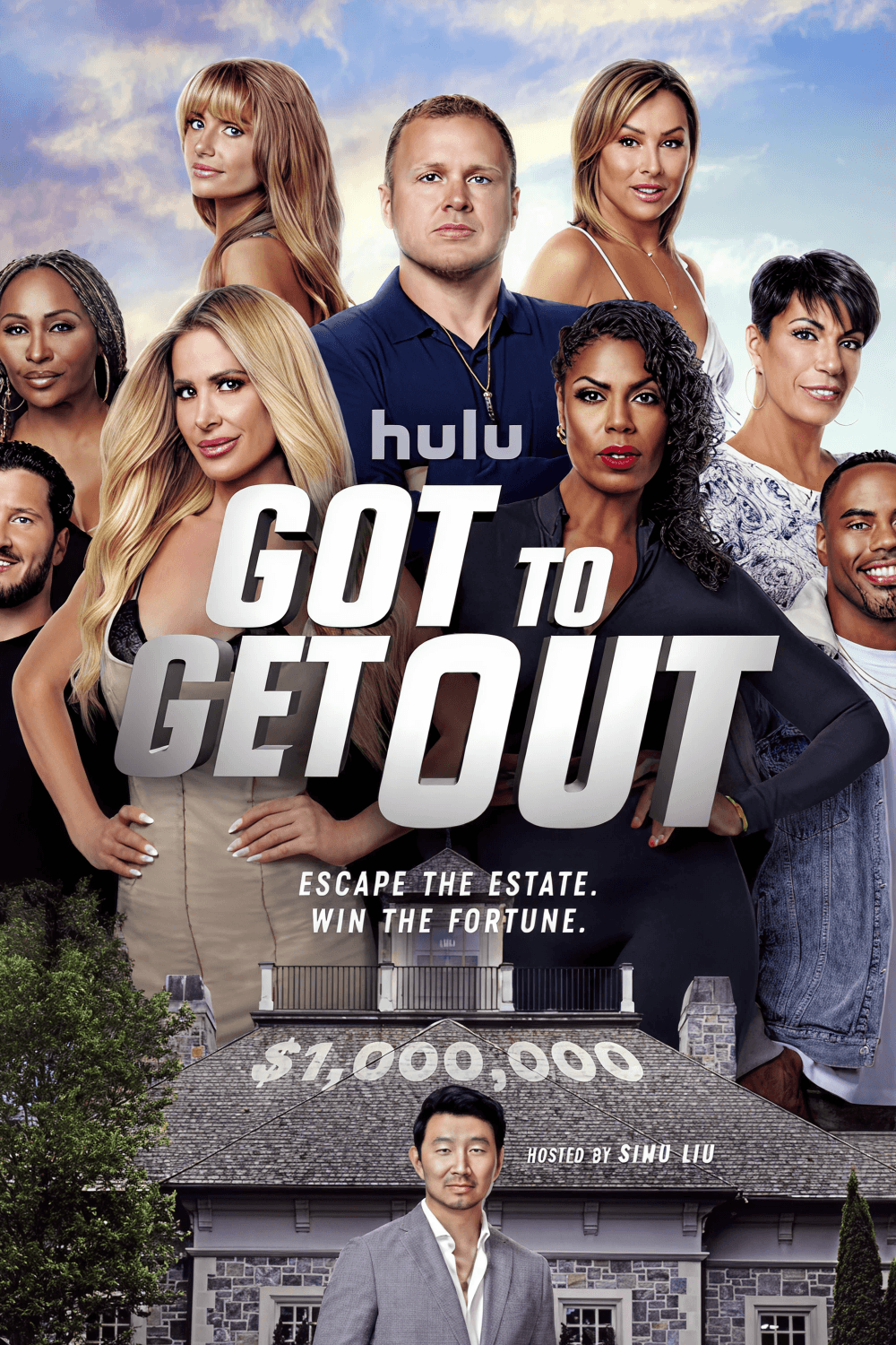 Promotional poster for 'Got to Get Out' streaming on Hulu, featuring a group of diverse people in front of a mansion with a sign indicating a prize of $1 million, hosted by Sinu Liu.