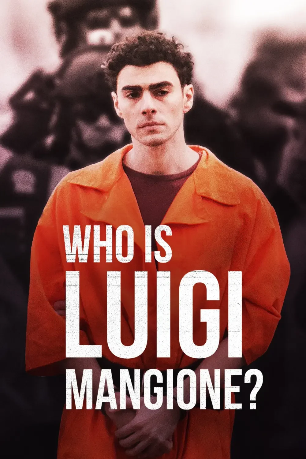 A young man with curly dark hair and light skin stands in front of a blurred group of police officers, wearing an orange prison jumpsuit and looking serious. The text on the image reads "Who is Luigi Mangione?"