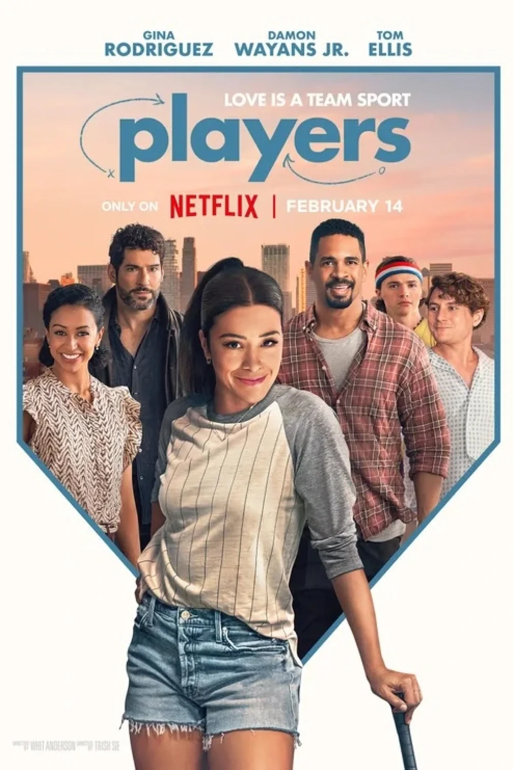 Promotional poster for the Netflix series 'Players,' featuring a group of six diverse young people in casual clothing, with a cityscape at sunset in the background.