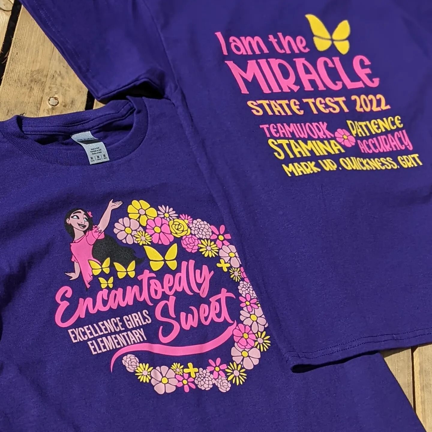 Good luck to all the students taking state testing exams next week 📝 We had so much fun working on these cool tees for @excellencegirlscharter !! #iamthemiracle #encanto 
.
.
.
#theleaguebrand #statetesting #statetestingweek #wedonttalkaboutbruno #d