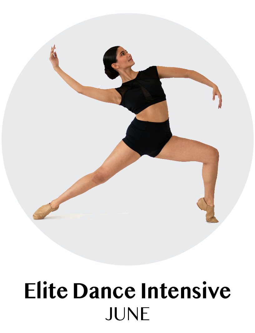 A female ballet dancer in a black crop top and shorts, in a wide stance with one arm raised and head turned to the side, performing a dance pose against a white background with a circular gray design.