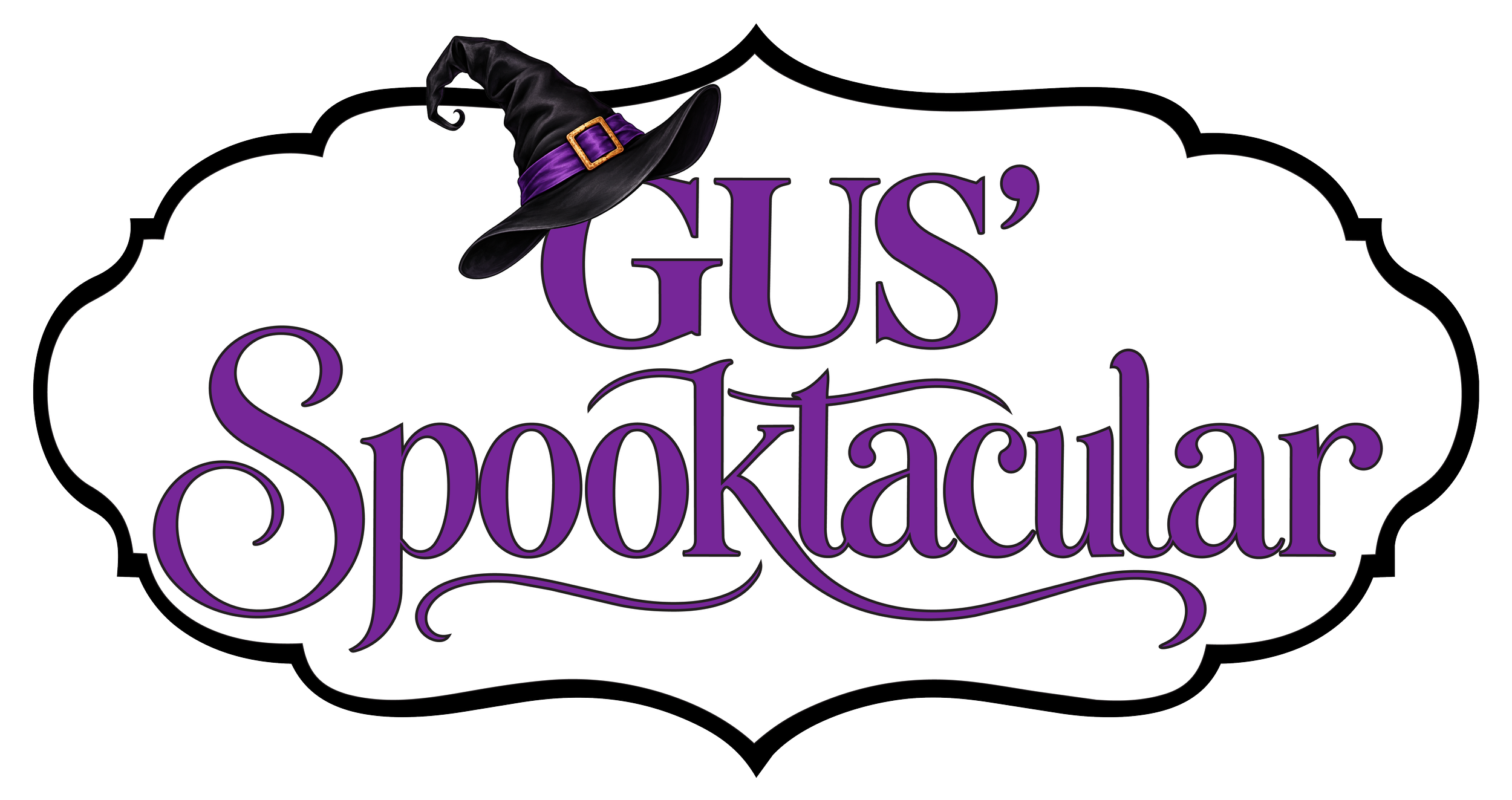 A logo with a purple text reading 'GUS' S' and 'Spooktacular' with a black witch's hat decorated with a purple ribbon on top of the word 'GUS'.