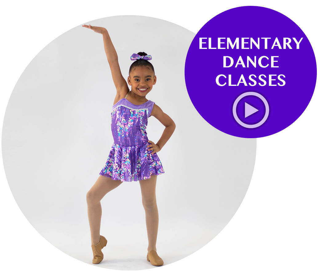 Young girl in a purple sequined dance dress and dance shoes posing with one arm raised and smiling, promoting elementary dance classes.