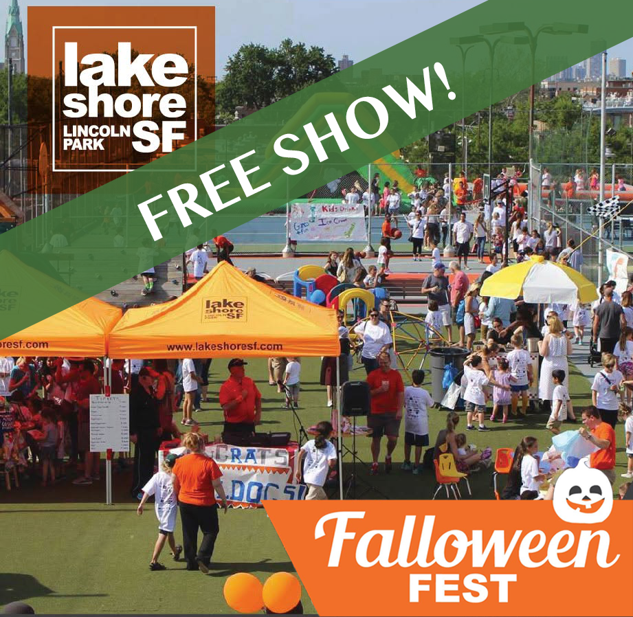 A busy outdoor event at Lake Shore Lincoln Park with kids activities, tents, and crowds celebrating Halloween Fest and a free show.