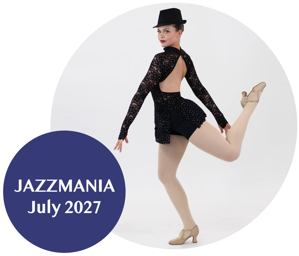 A jazz dancer in a black, glittery, and sequined outfit, with a backless top, beige tights, and beige heels, is posing with one leg lifted and her foot pointed. A circular graphic in the lower left corner displays the text "JAZZMANIA July 2027".