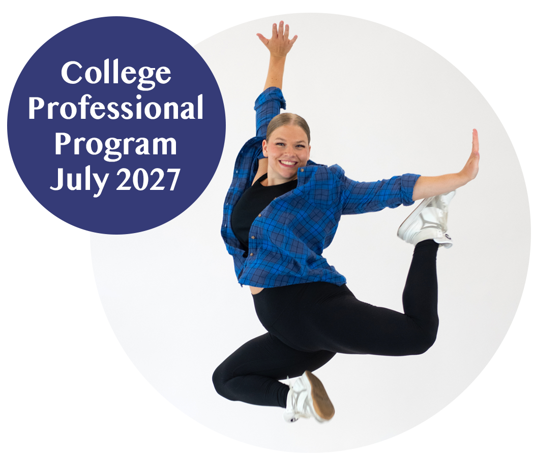 A dancer in athletic clothing jumping with one leg bent and one arm raised, smiling, with a text overlay that reads 'College Professional Program July 2027' on a white and blue background.
