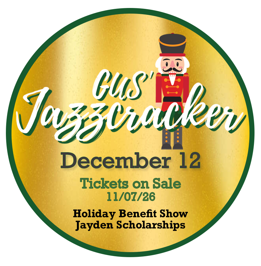 A circular festive event advertisement featuring a toy soldier illustration. Text announces Gus' Jazzicracker event on December 12, with tickets on sale since November 7, 2026. The event supports a holiday benefit show and Jayden scholarships.