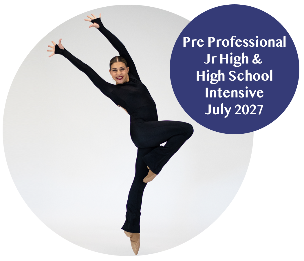 A smiling young woman in black dance attire performing a dance pose, with a blue speech bubble containing white text that reads 'Pre Professional Jr High & High School Intensive July 2027'.
