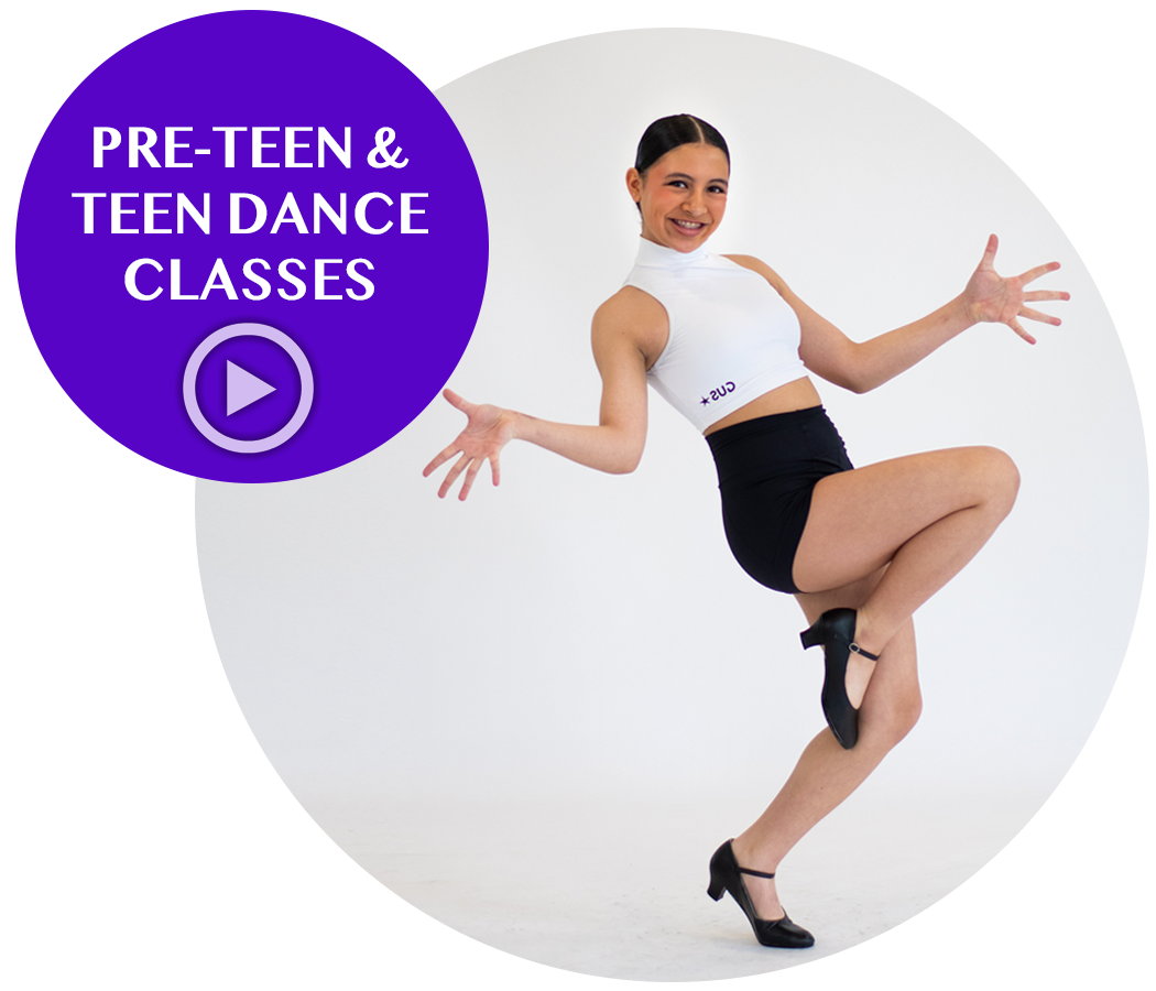 A young girl dancing happily in a white tank top and black shorts, standing on one leg with her arms spread out, promoting pre-teen and teen dance classes.