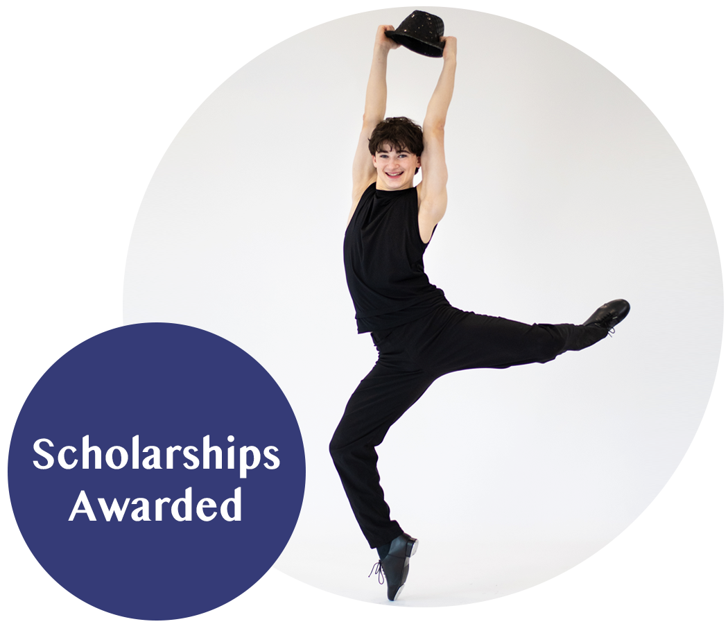 A dancer in black clothing performing a dance pose with one leg extended, holding a black hat above her head, against a white background with a purple circle displaying the text 'Scholarships Awarded.'