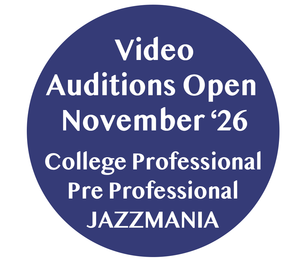 A dark blue circular promotional sign for JAZZMANIA announcing open video auditions starting November 26 for college, pre-professional, and professional musicians.