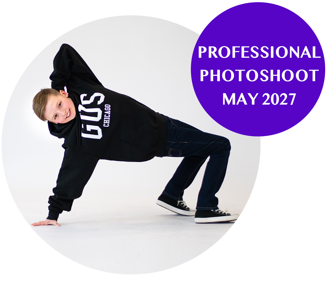 A young dancer in a black hoodie with white text, jeans, and black sneakers poses in a breakdancing move against a white background. A purple circle with white text reads "Professional Photoshoot May 2027."