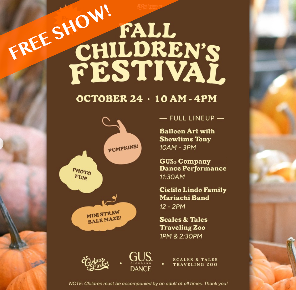 Flyer for Fall Children's Festival with a brown background and colorful pumpkin illustrations. The event is free, taking place on October 24 from 10 AM to 4 PM, featuring lineup including balloon art, dance performance, family mariachi band, and traveling zoo. An orange banner in the top left corner says 'Free Show!'.
