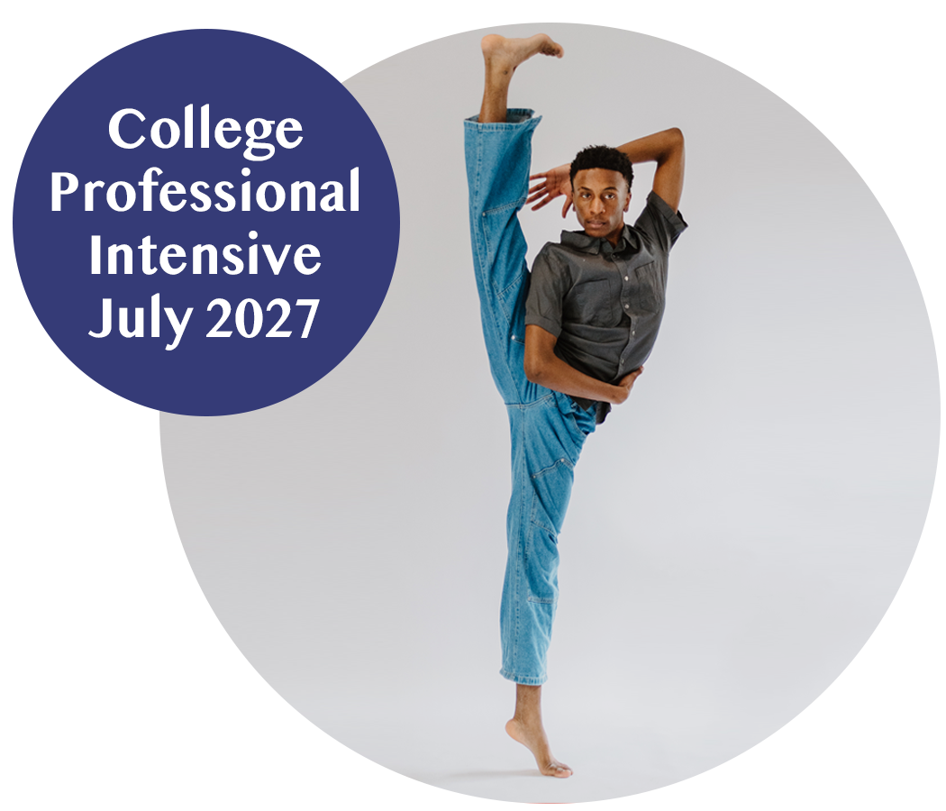 Promotional graphic for a college professional intensive in July 2027, featuring a person in a dance pose.