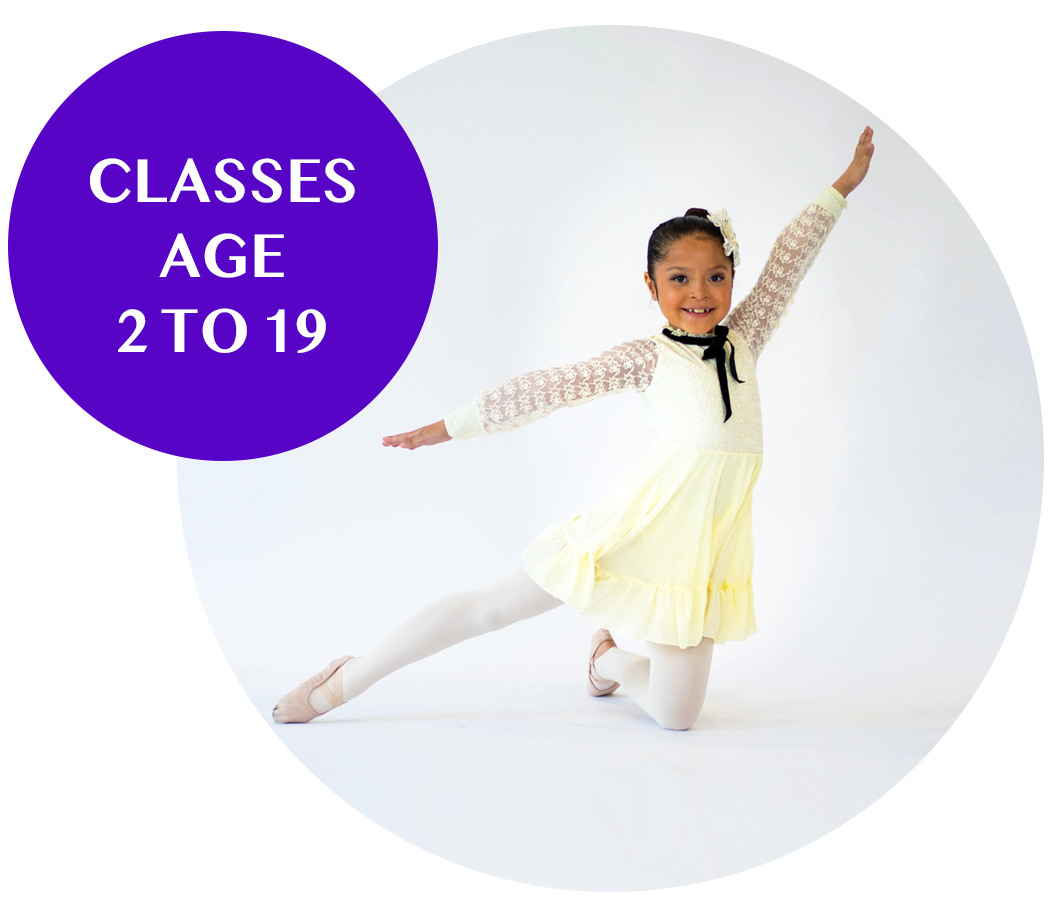 A young girl in a yellow dress and white tights performing a dance pose with one arm raised and one knee on the floor, against a plain white background. A purple circle on the left side contains the text "CLASSES AGE 2 TO 19."