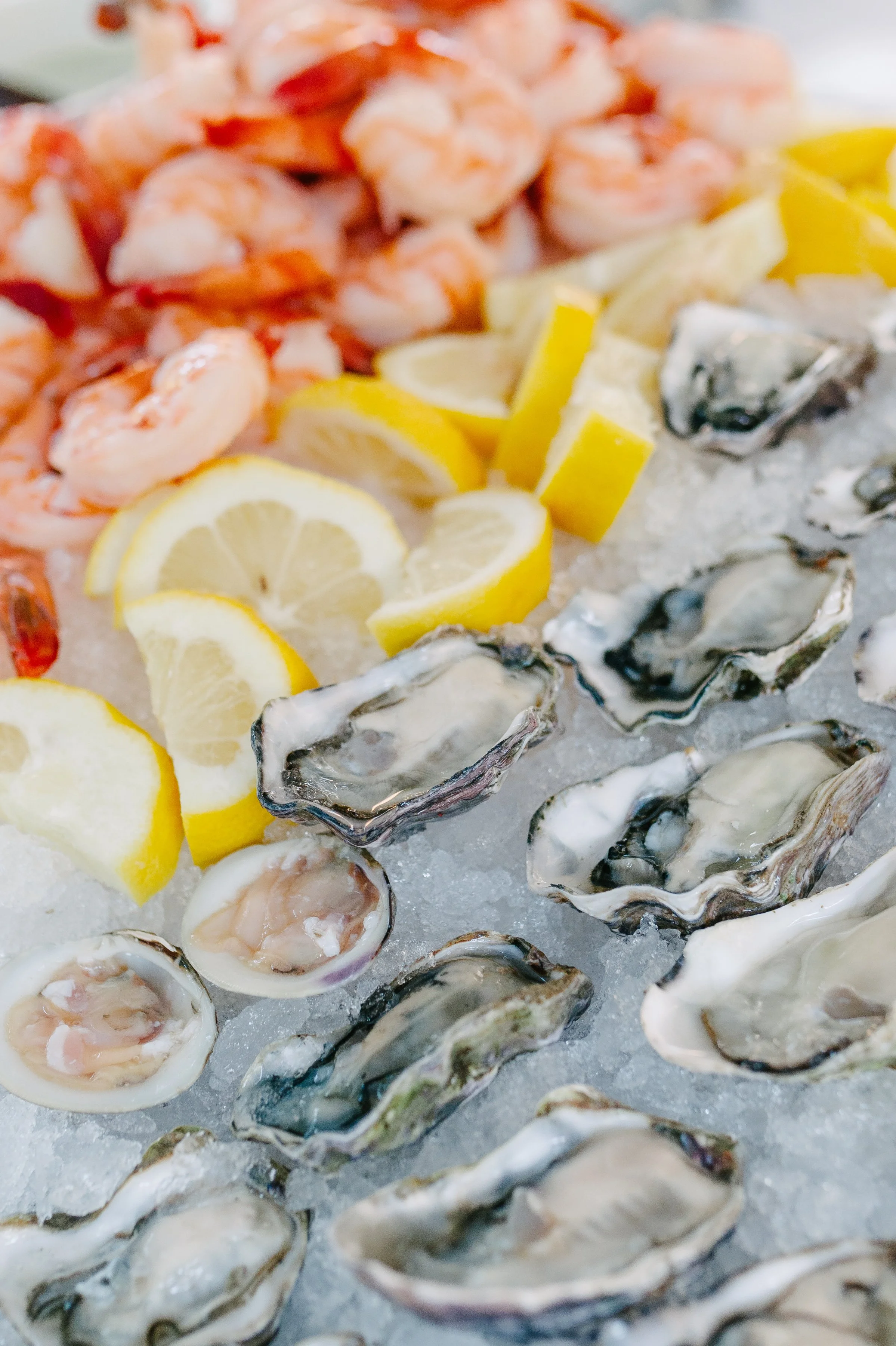 Classic Raw Bar Setup, complete with Clams, Oysters, Cocktail Shrimp, and all of the accoutrements!