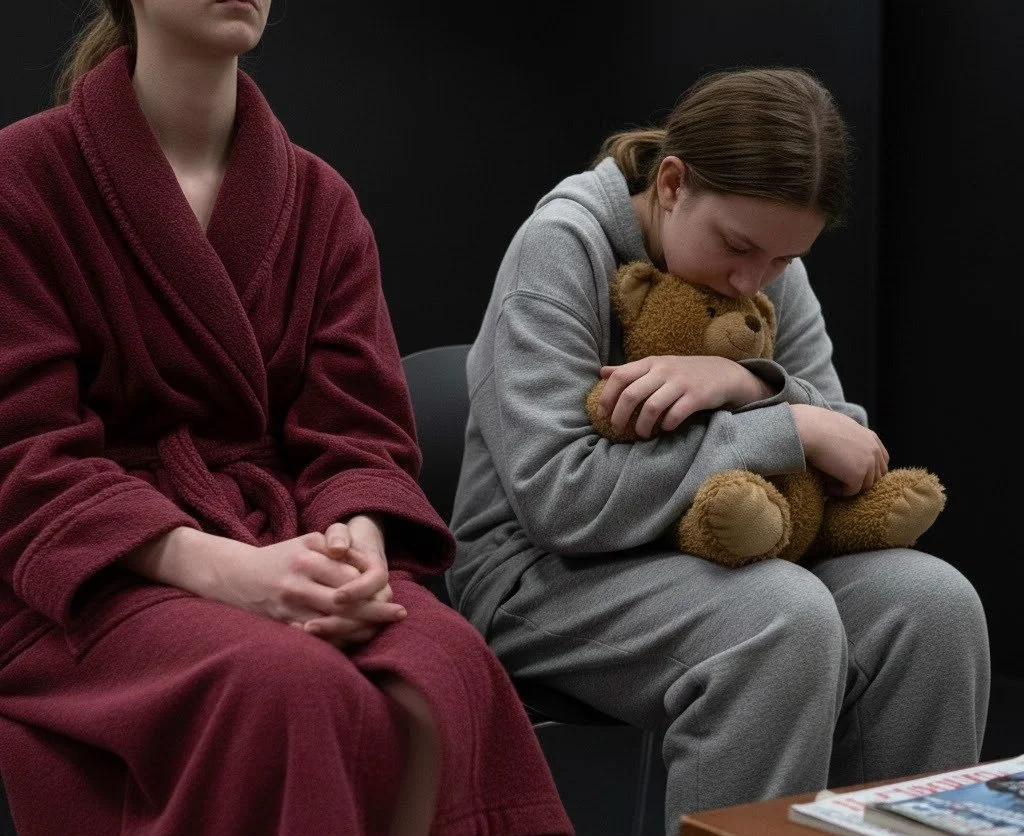 Two children in hospital gowns and pajamas sitting in blue chairs, one holding a teddy bear.