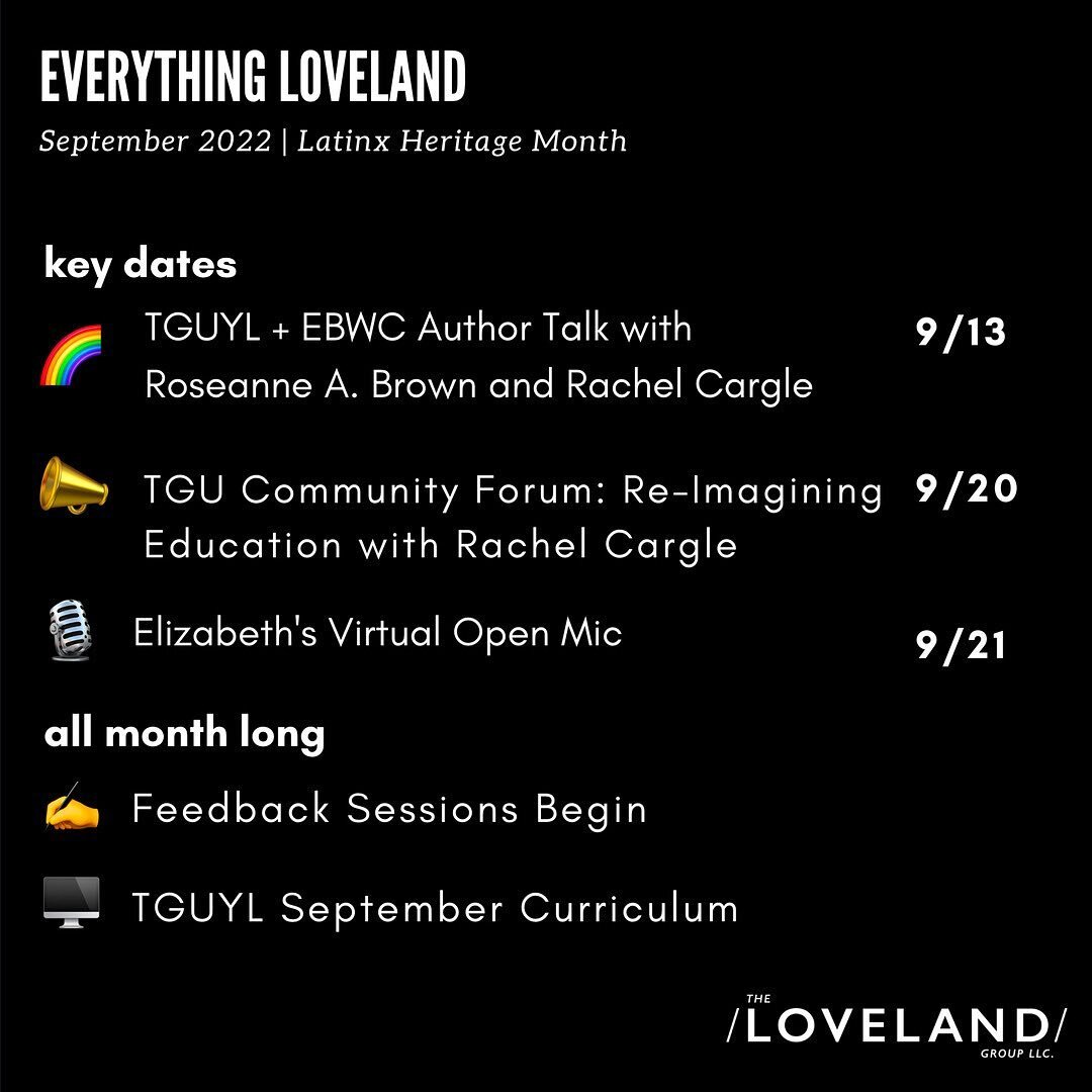 September at Loveland 🖤 
⠀⠀⠀⠀⠀⠀⠀⠀⠀
We have some very special programming this month. 
⠀⠀⠀⠀⠀⠀⠀⠀⠀
See you there -- links in bio!
⠀⠀⠀⠀⠀⠀⠀⠀⠀
#september #openmic #authortalk #feedbacksessions  #new curriculum #unlearning