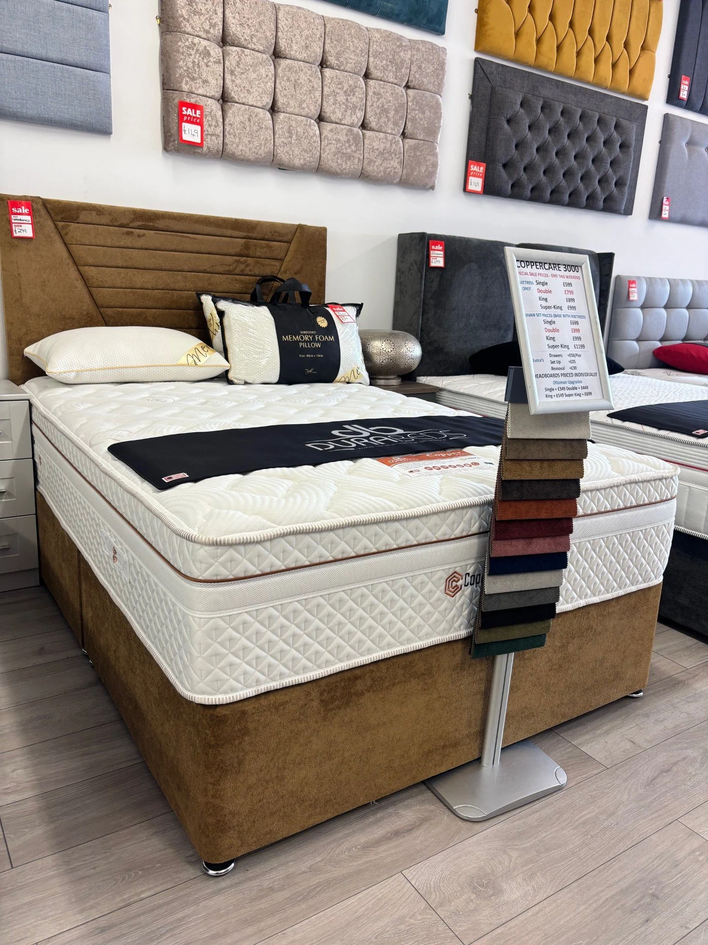 4ft 6" Copper 3000 Divan Set with Hobart Floorstanding  Headboard