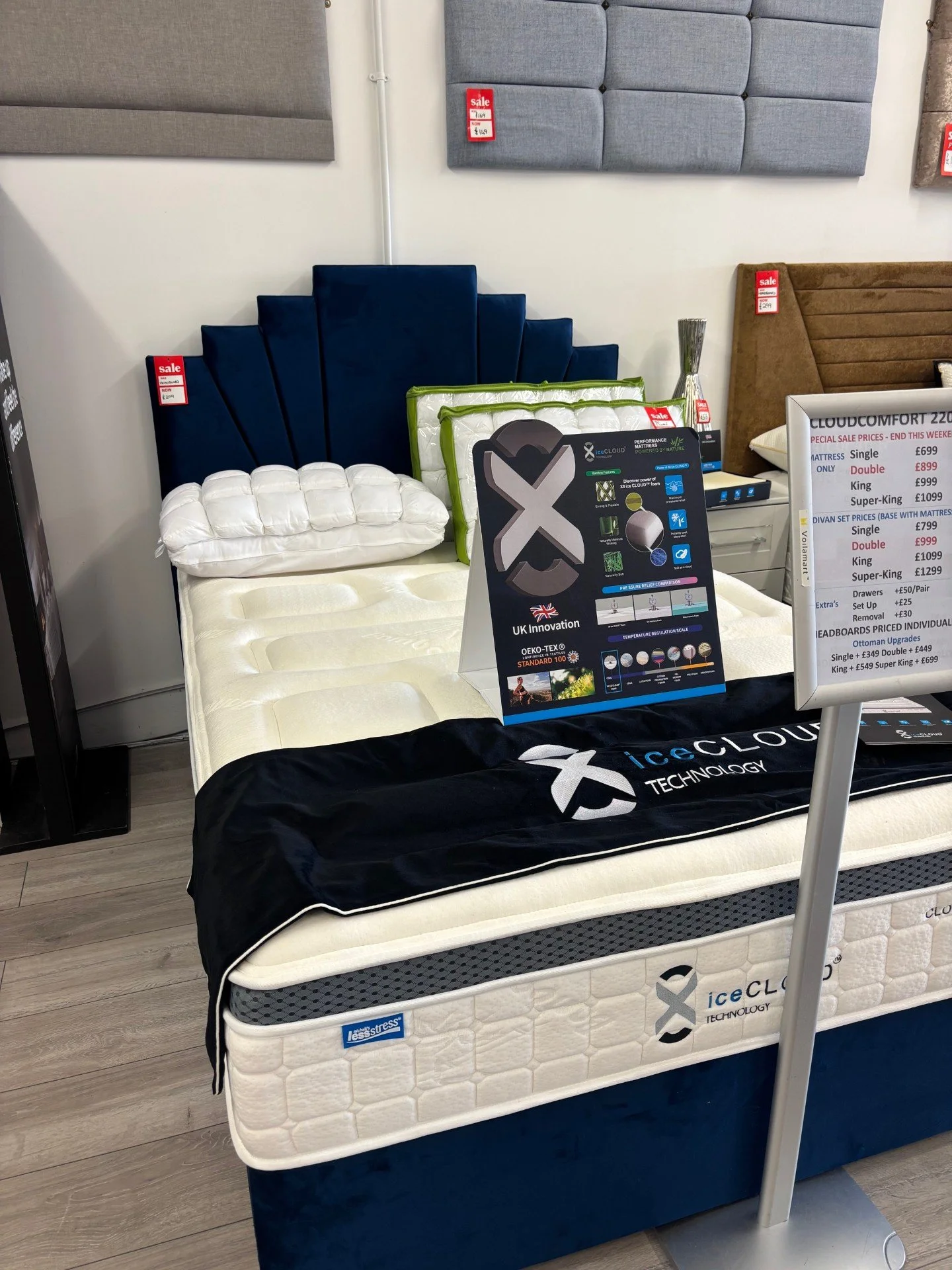 4ft 6" Ice Cloud Divan Set with Art Deco Floorstanding Headboard