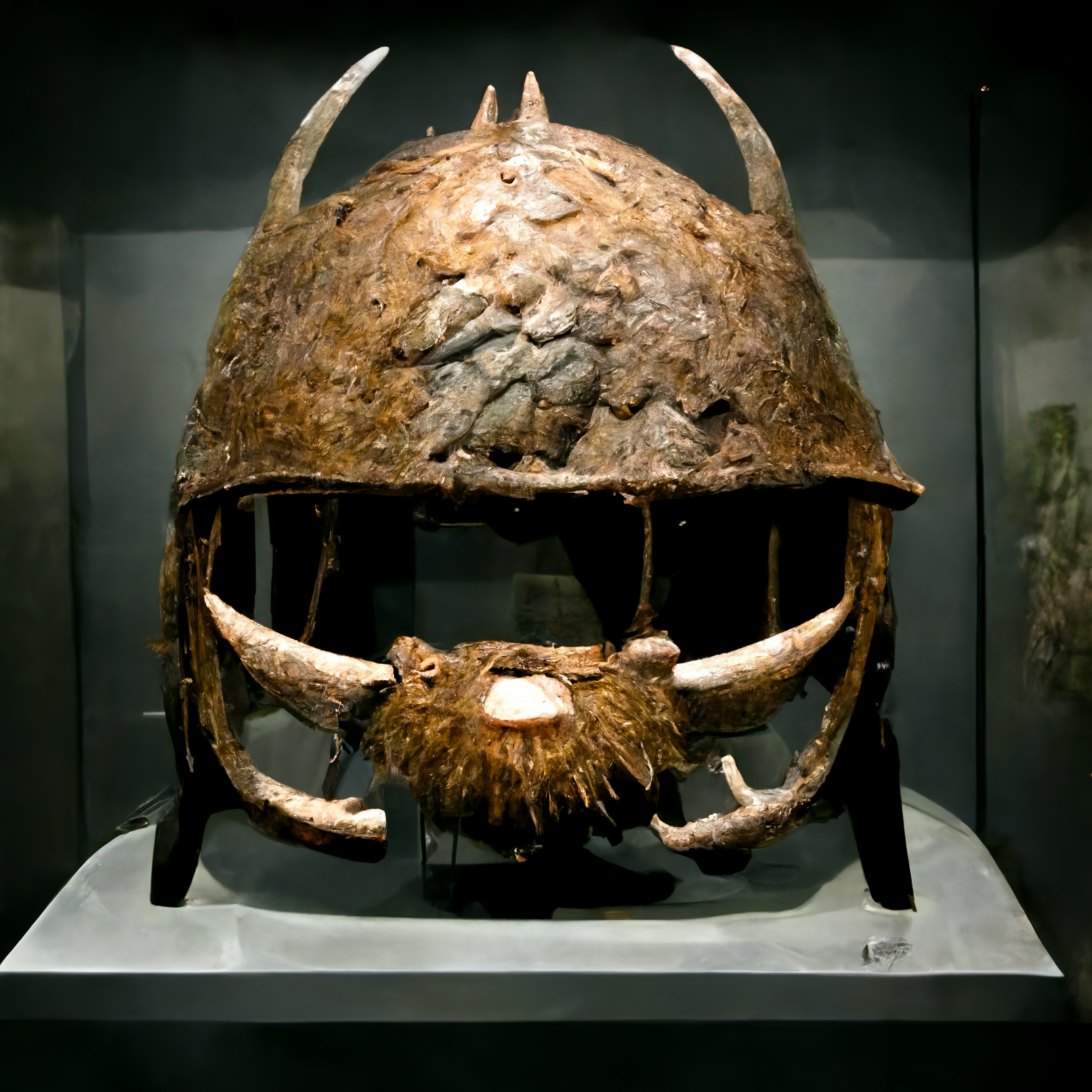 beb7cd1b-70d3-4b9d-a3aa-ca222aecbae8_BL4CKL4B_prehistoric_caveman_helmet_displayed_in_a_museum_exhibit.png