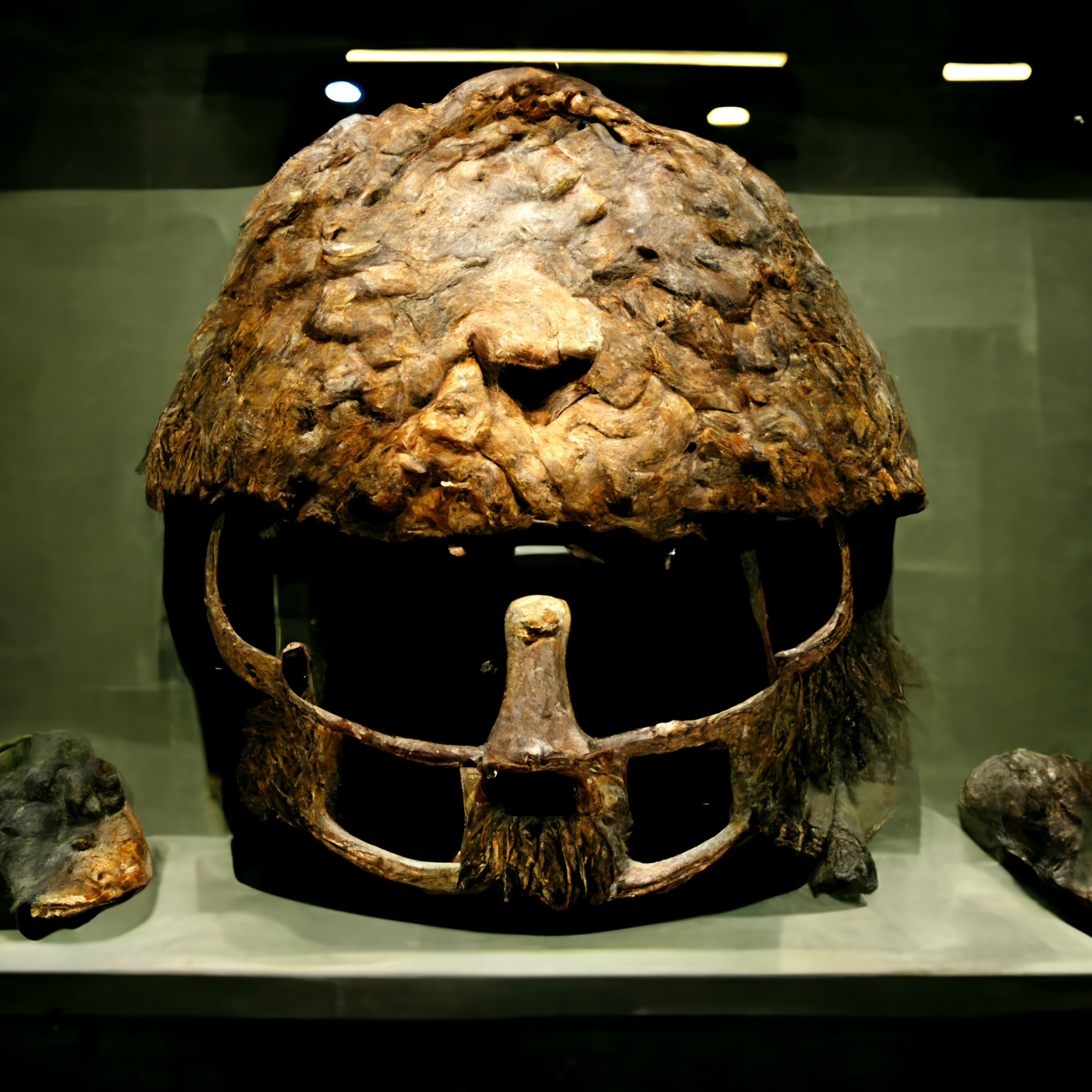fded91ad-7422-438a-a40e-4cbfaad84947_BL4CKL4B_prehistoric_caveman_helmet_displayed_in_a_museum_exhibit.png