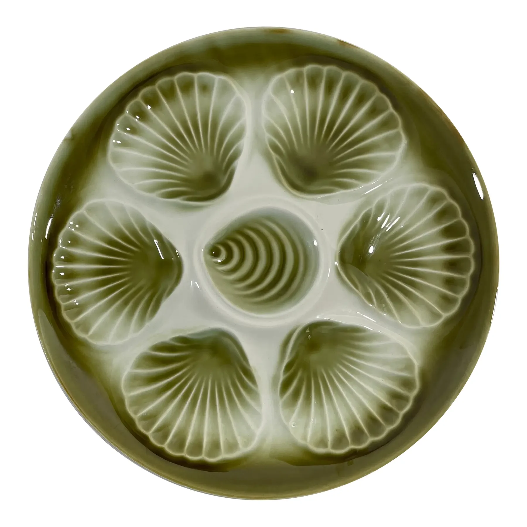 Mid 20th Century French Orchies Olive Green Majolica Oyster Plate