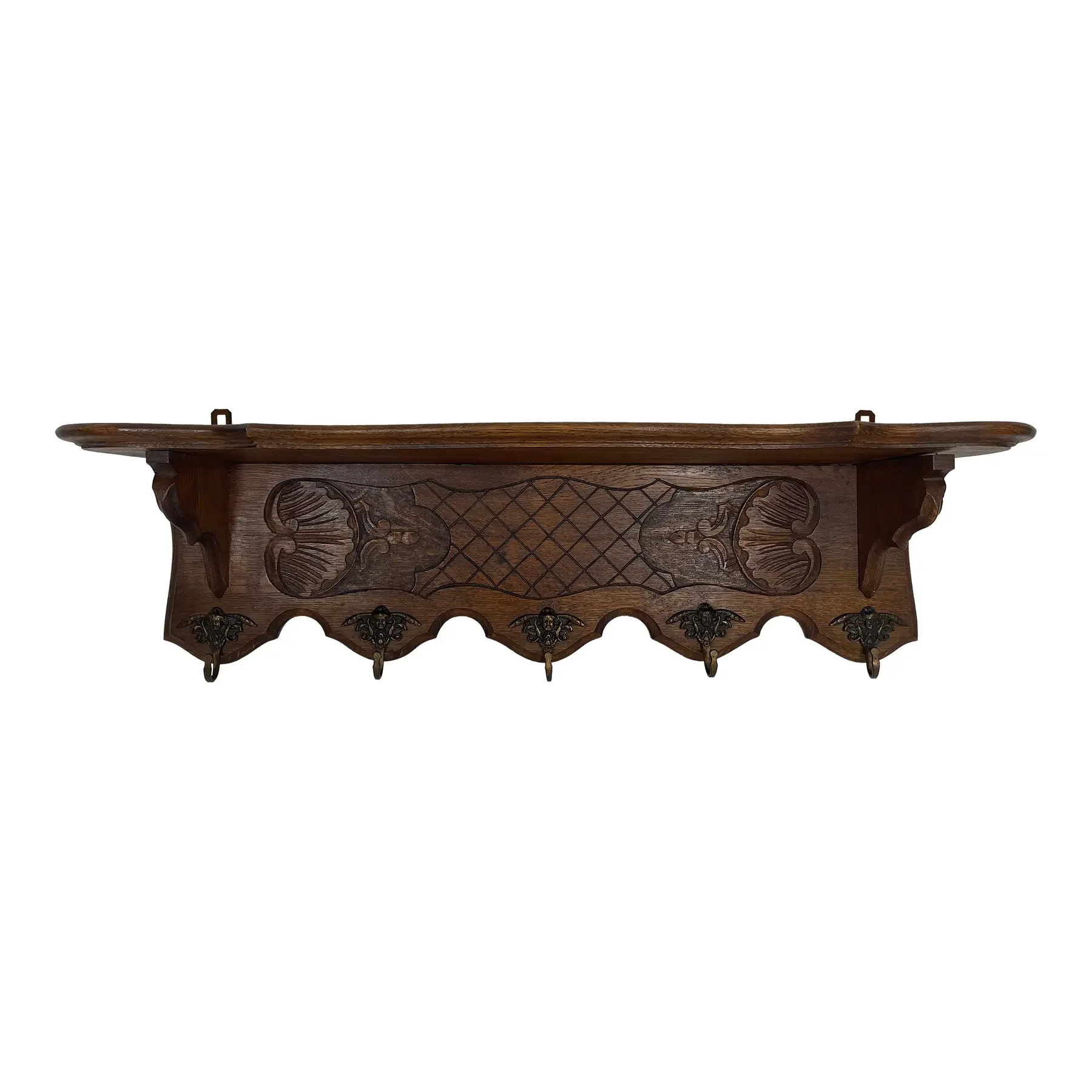 Antique French Oak Wall Shelf Coat and Hat Rack