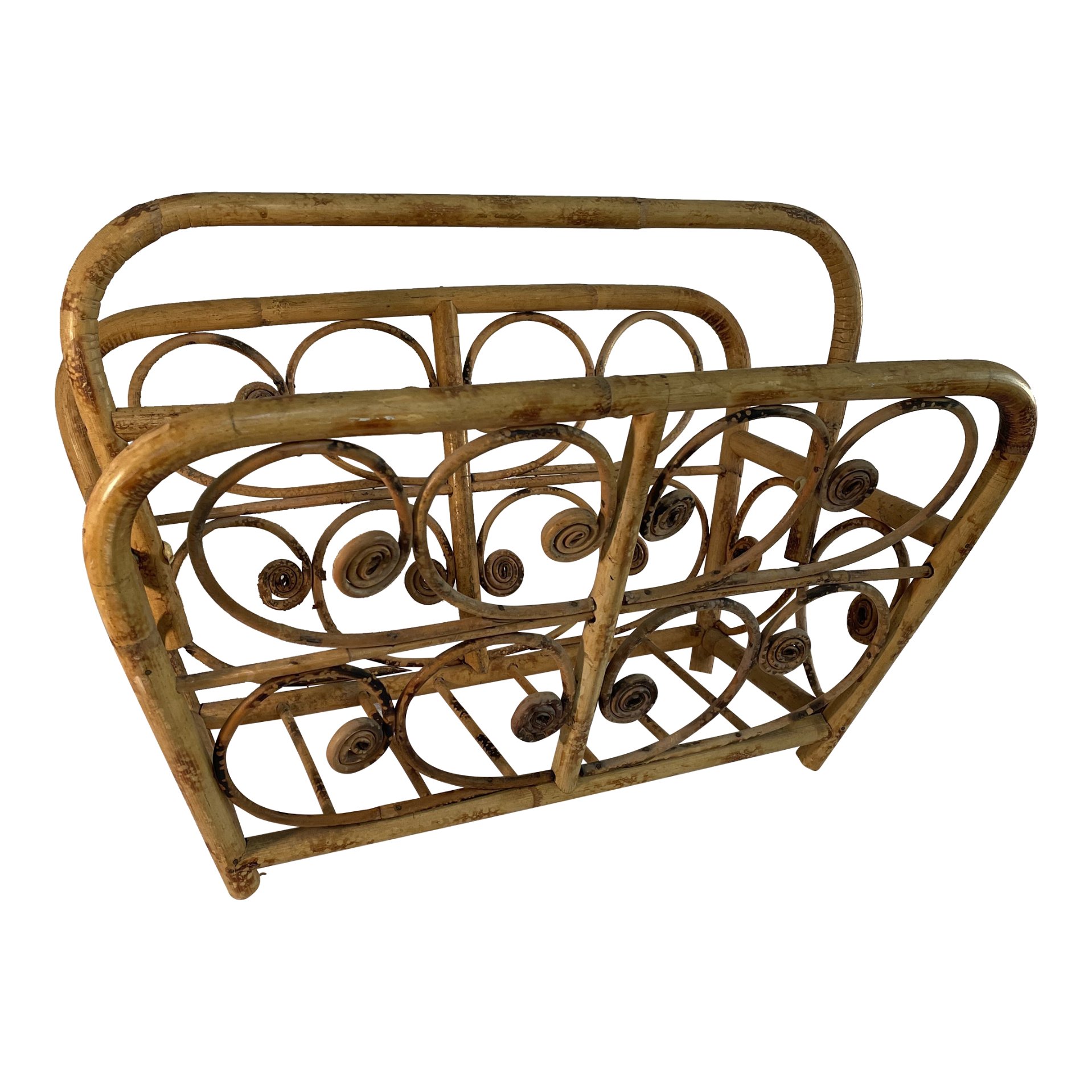 Vintage Rattan Magazine Rack With Swivel Handle and Curls