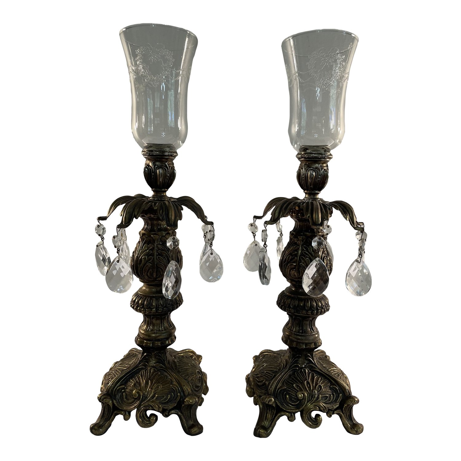 French Baroque Style Brass Candle Holders With Votives - a Pair