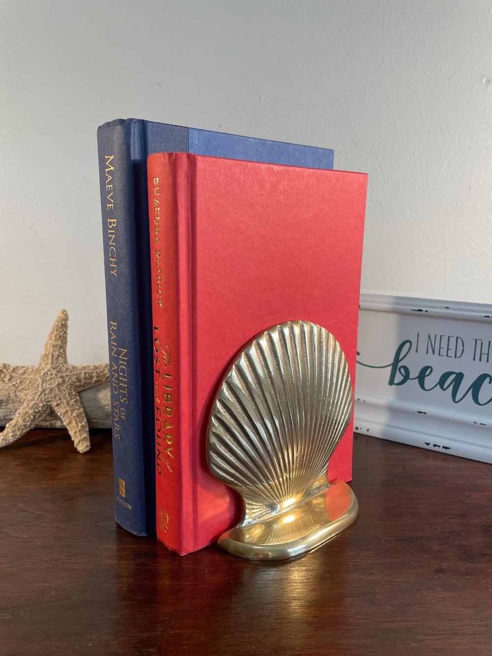 Late 20th Century Nautical Solid Brass Seashell Bookends - a Pair