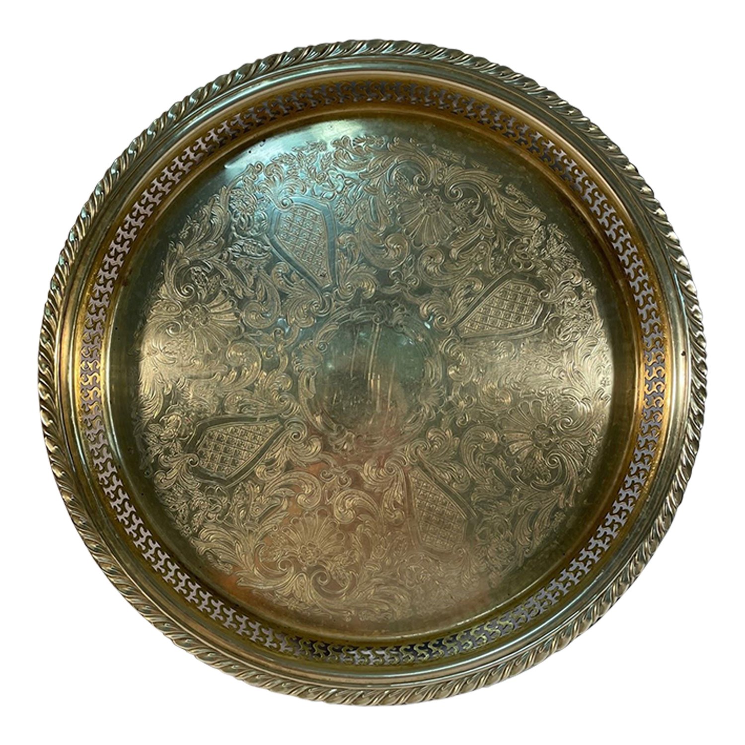 1970s Vintage Round Brass Etched Gallery Tray — Sunset Cottage