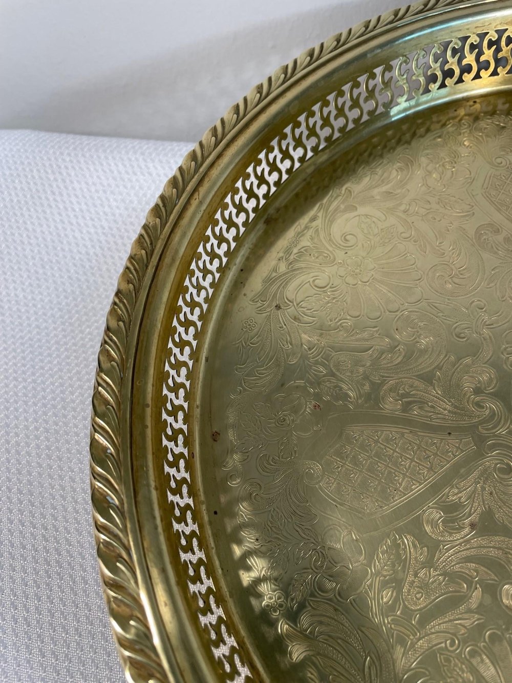1970s Vintage Round Brass Etched Gallery Tray — Sunset Cottage Antiques, LLC
