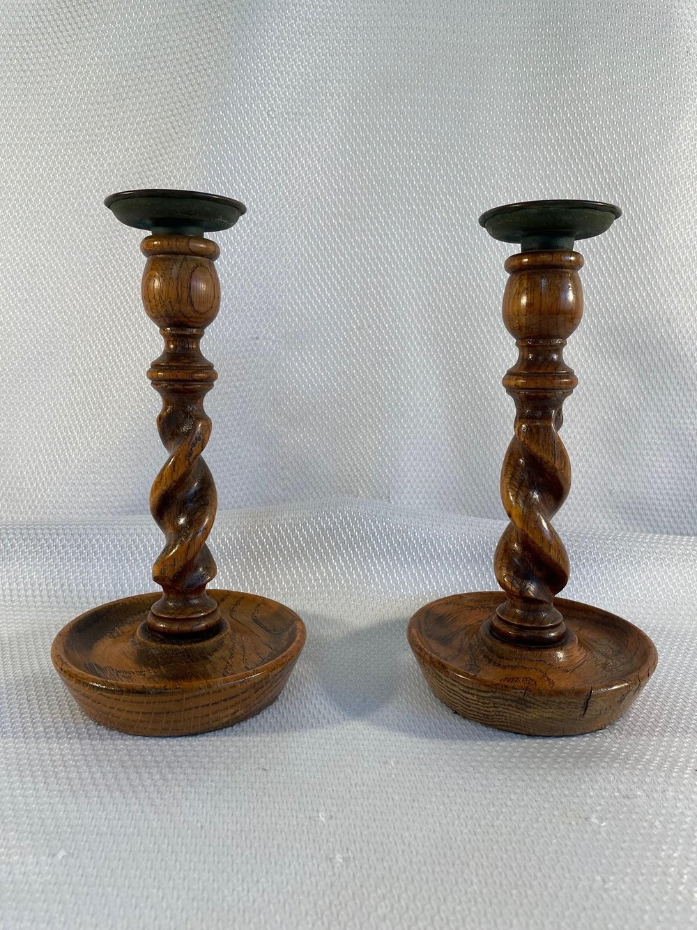 English Carved Wood Barley Twist Candlesticks With Brass Candle Cups - a  Pair/ Sold