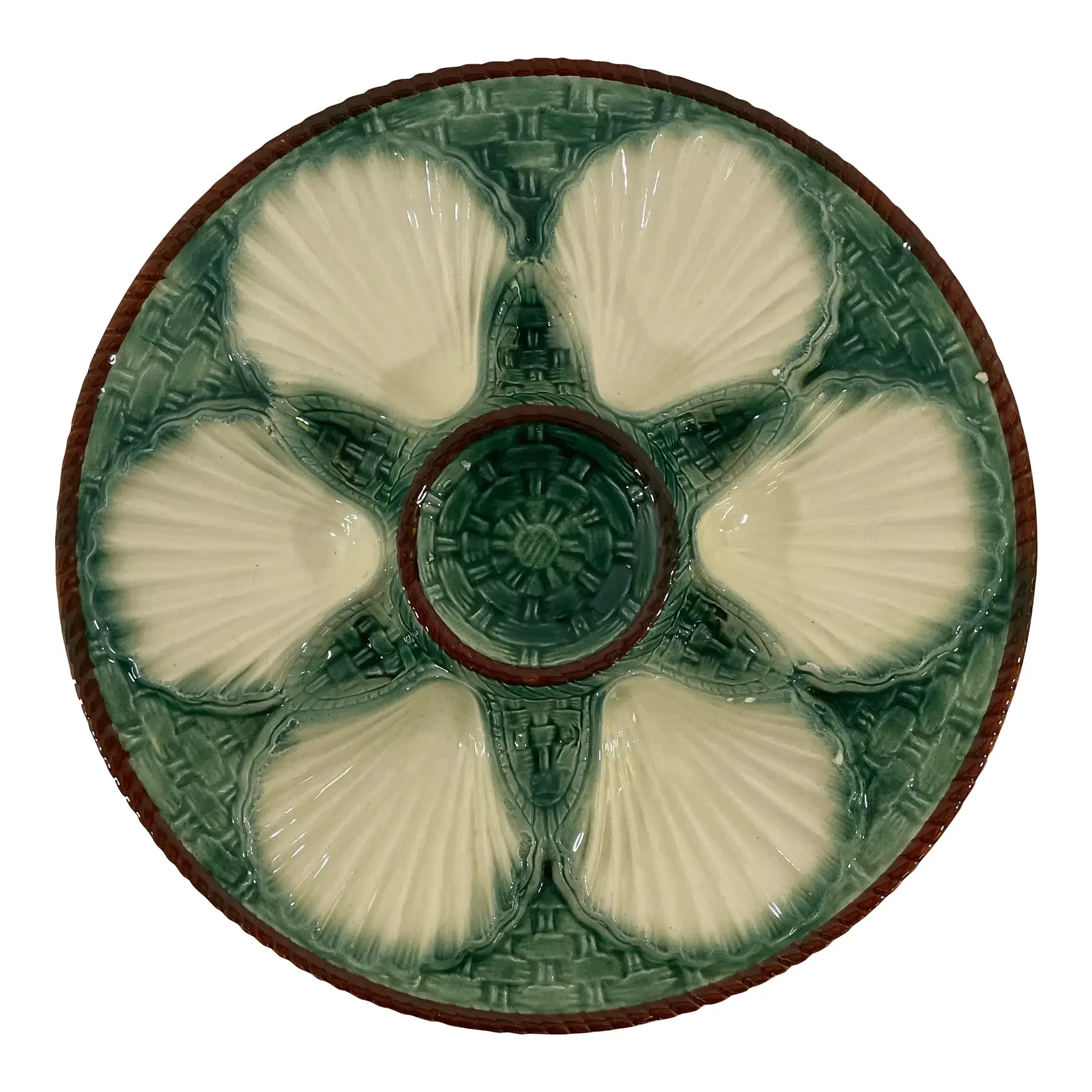 1950s French Longchamp Majolica Green and White Oyster Plate