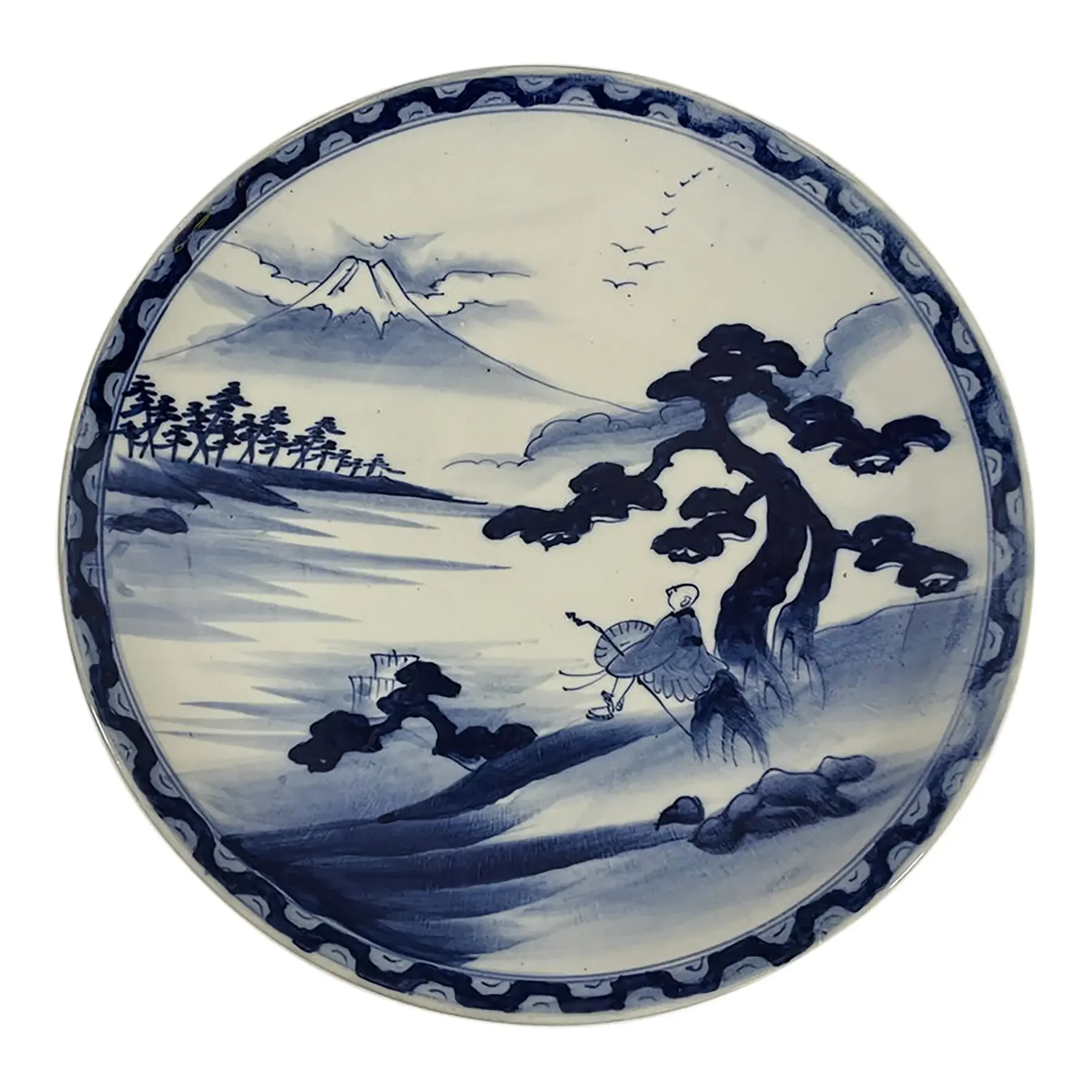 Early 20th Century Large 14.5" Blue and White Japanese Charger-Mt Fuji