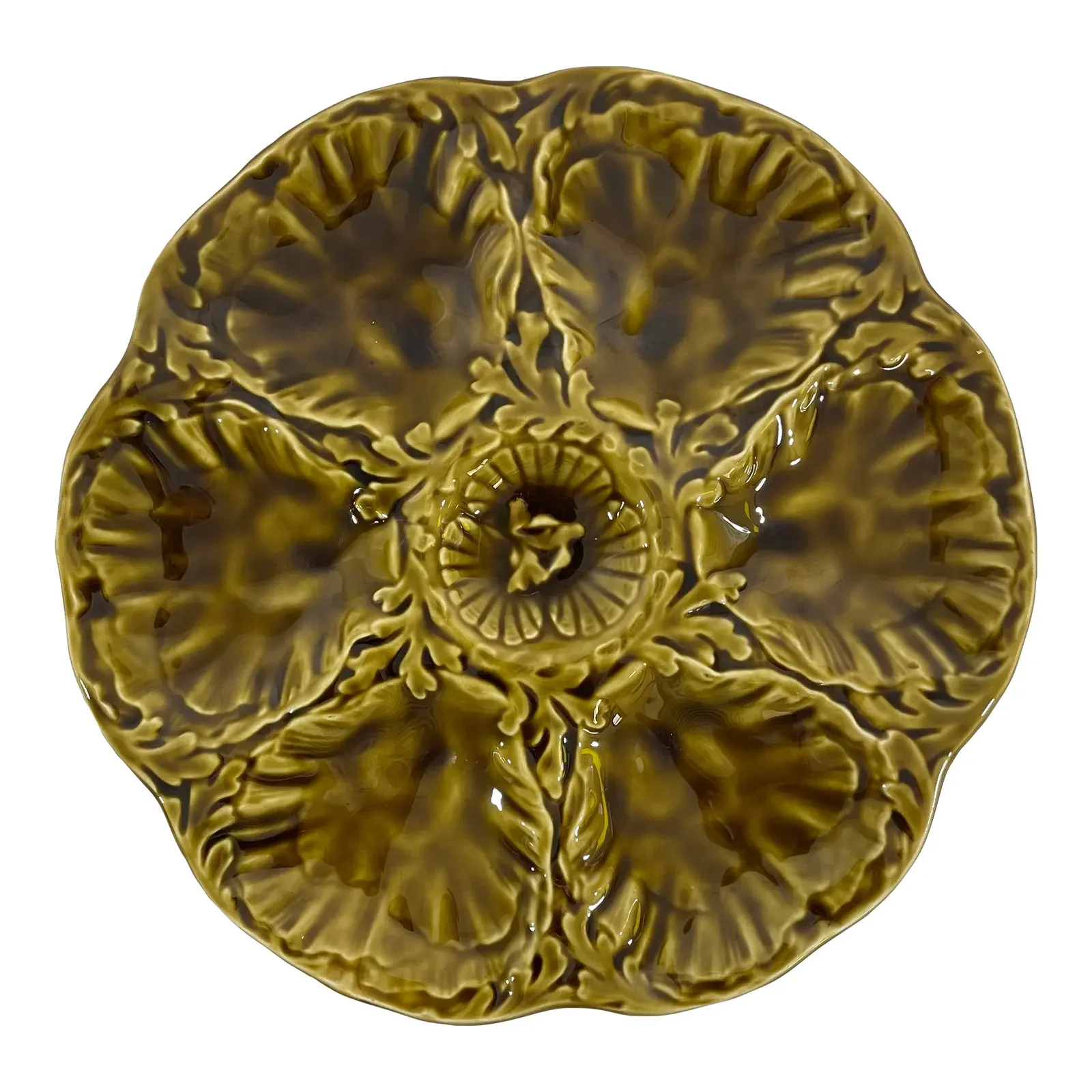 1950s French Gien Majolica Olive Green Oyster Plate