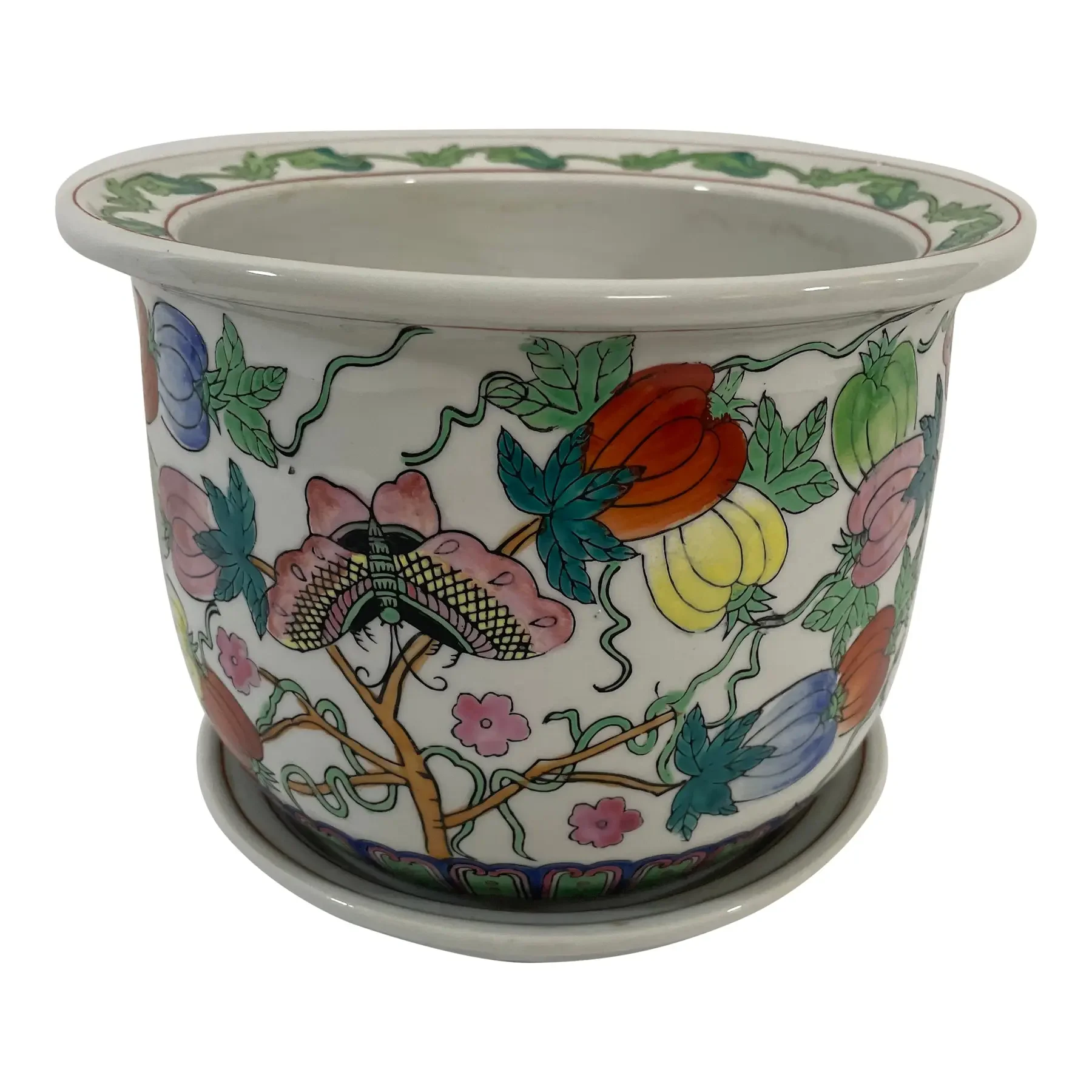 Mid 20th Century Porcelain Famille Rose Cachepot Planter With Drain Plate