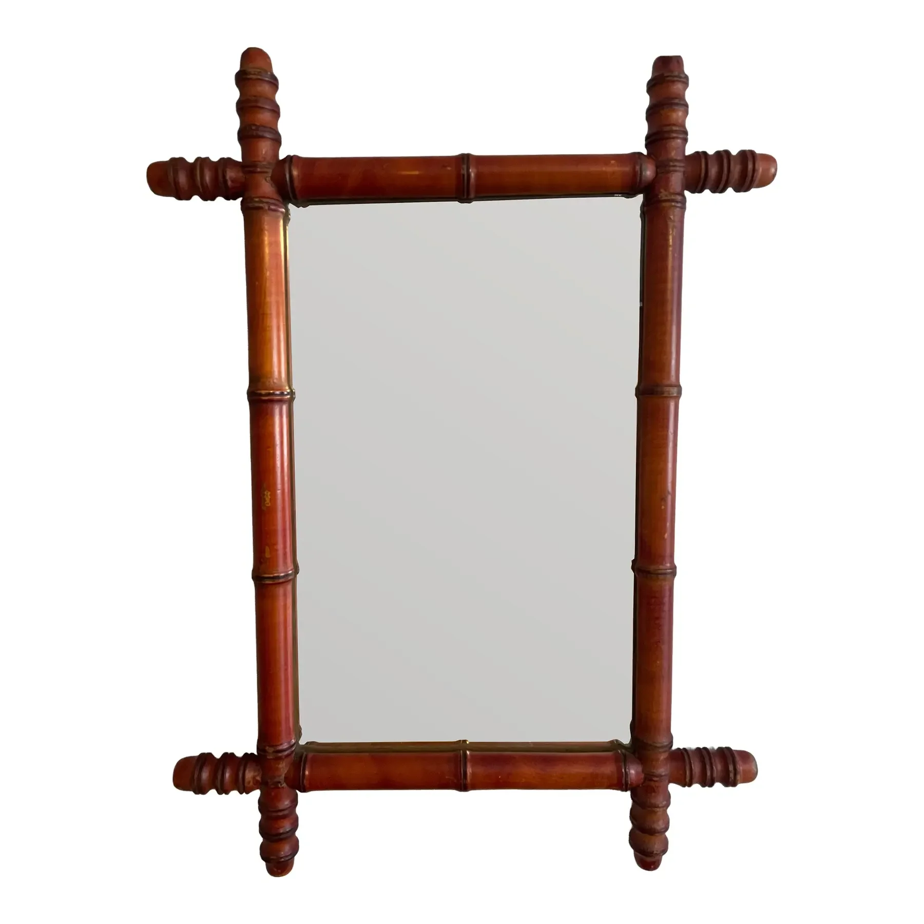 Early 1900s Antique French Faux Bamboo Turned Wood Wall Mirror