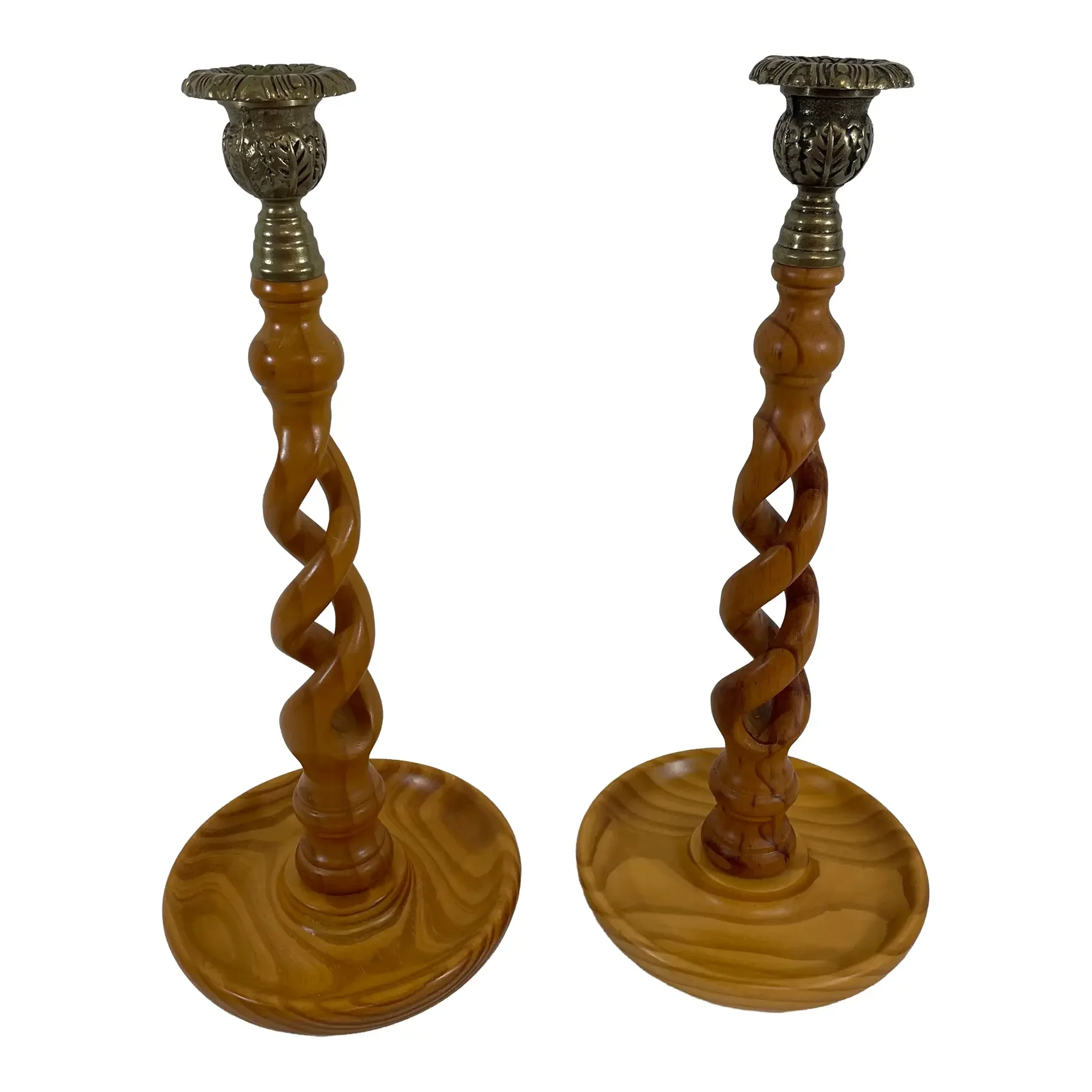 Vintage English Oak Open Barley Twist Candlesticks - A Pair