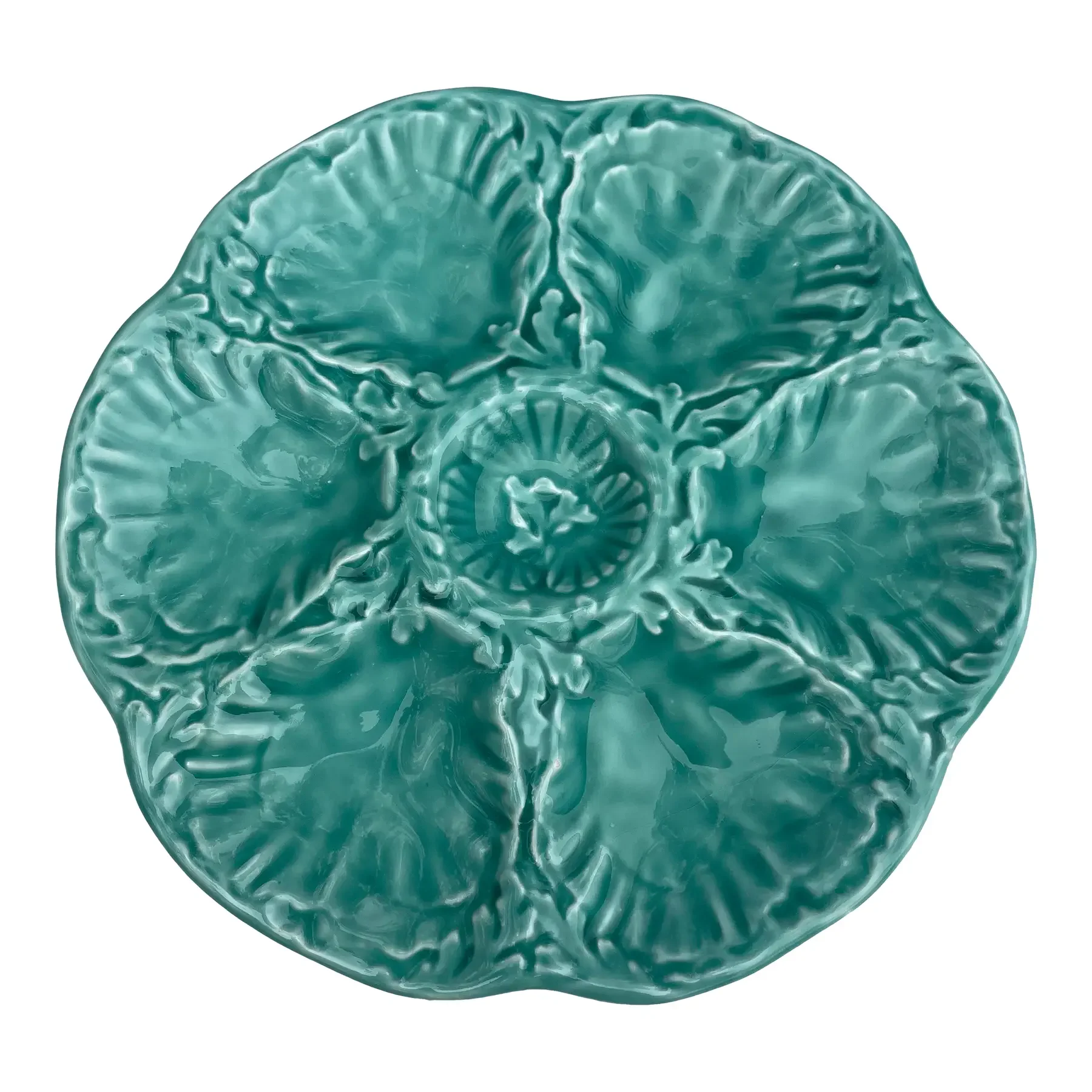 1940s French Gien Turquoise Majolica Oyster Plate
