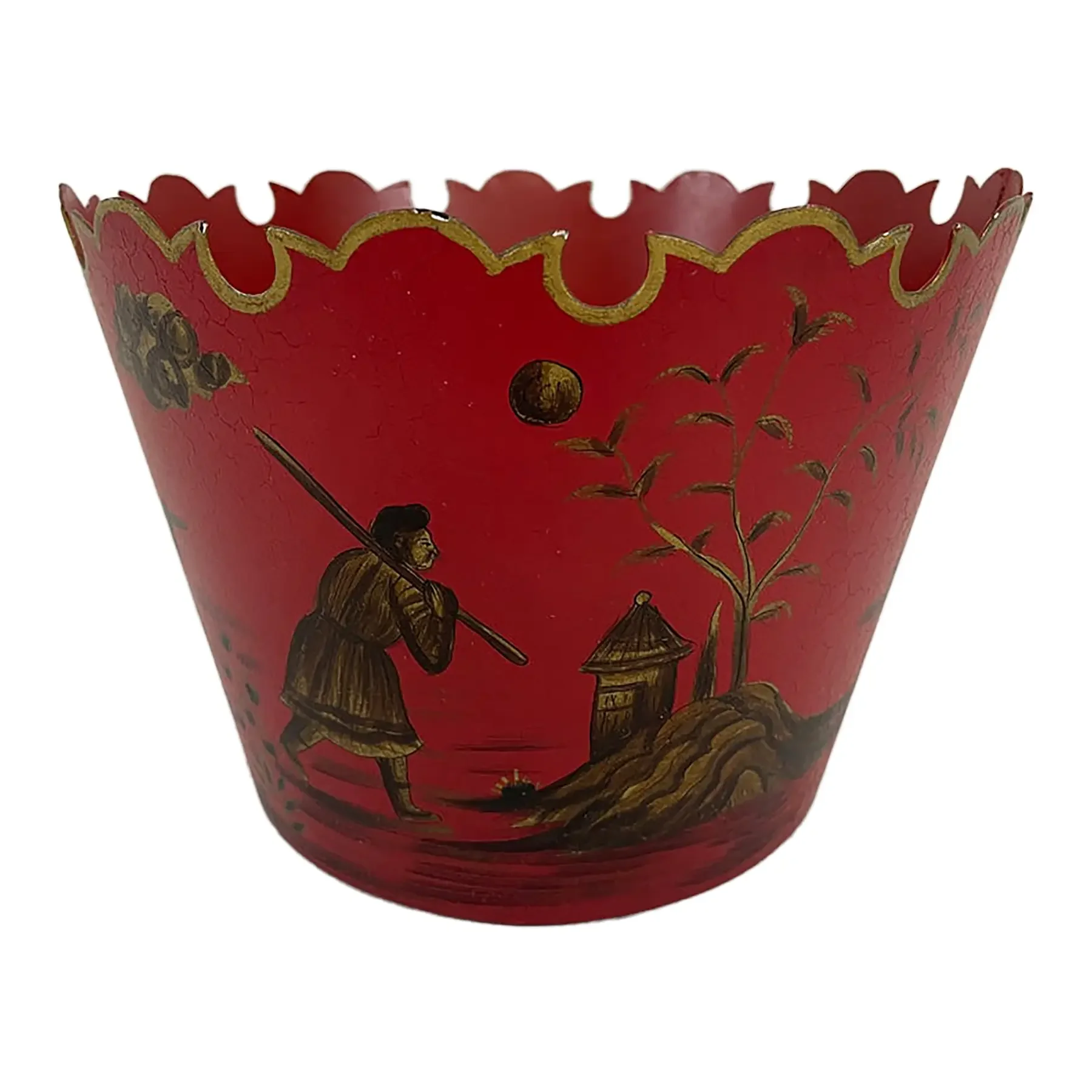 1950s-70s Chinoiserie Red Toleware Cachepot or Jardiniere
