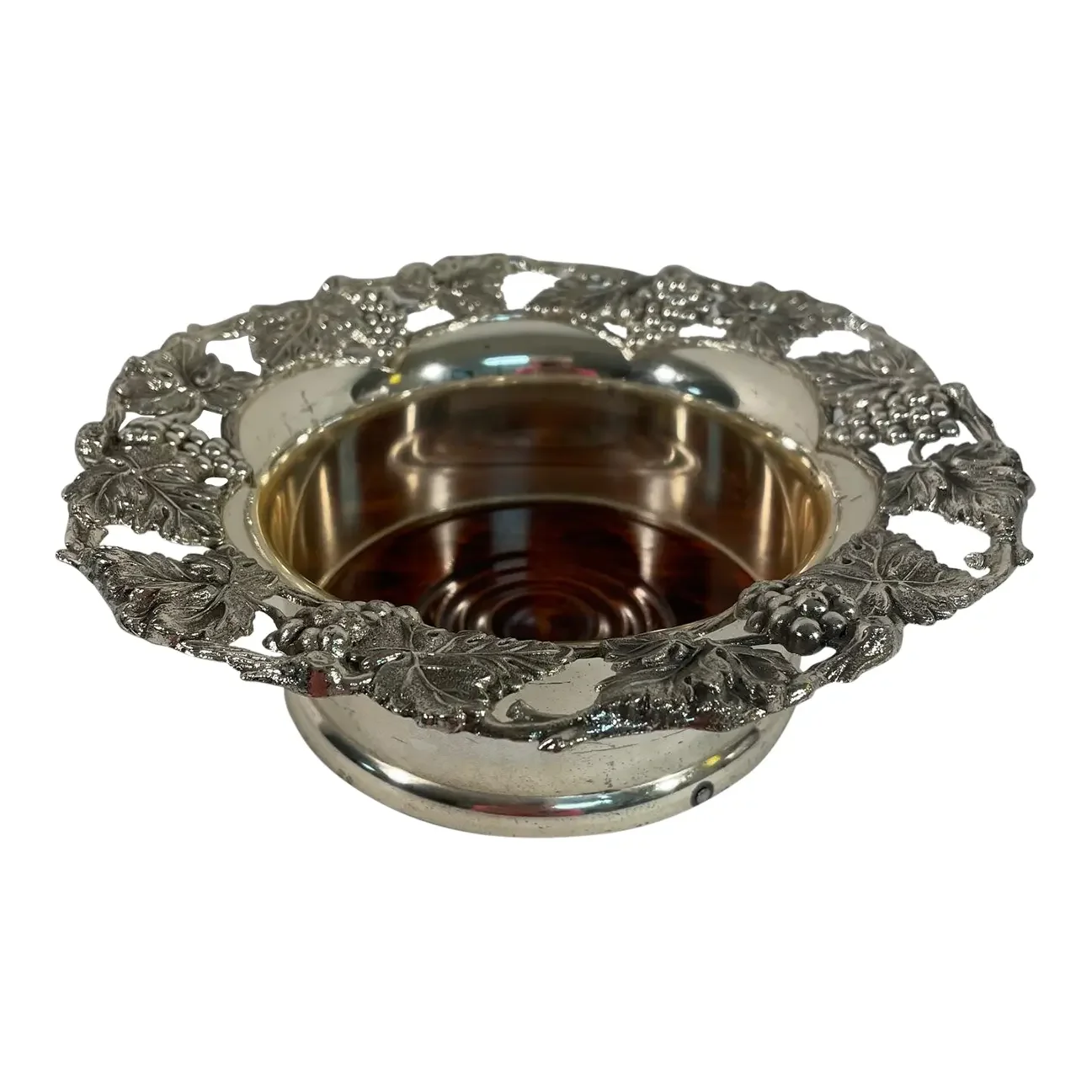 Vintage 1980s Silverplated Wine Bottle Coaster With Grape Motif