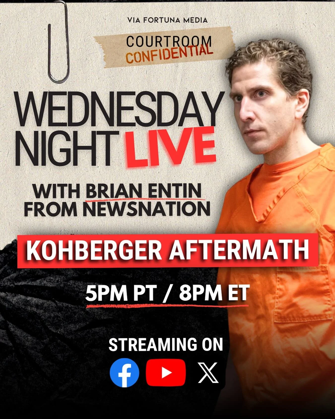 TONIGHT at 5pm PT / 8pm ET: @newsnationnow&rsquo;s @brianentin joins @joshuaritteresq on Wednesday Night Live for an in-depth discussion about all things #BryanKohberger. Bring your questions! Link in bio.