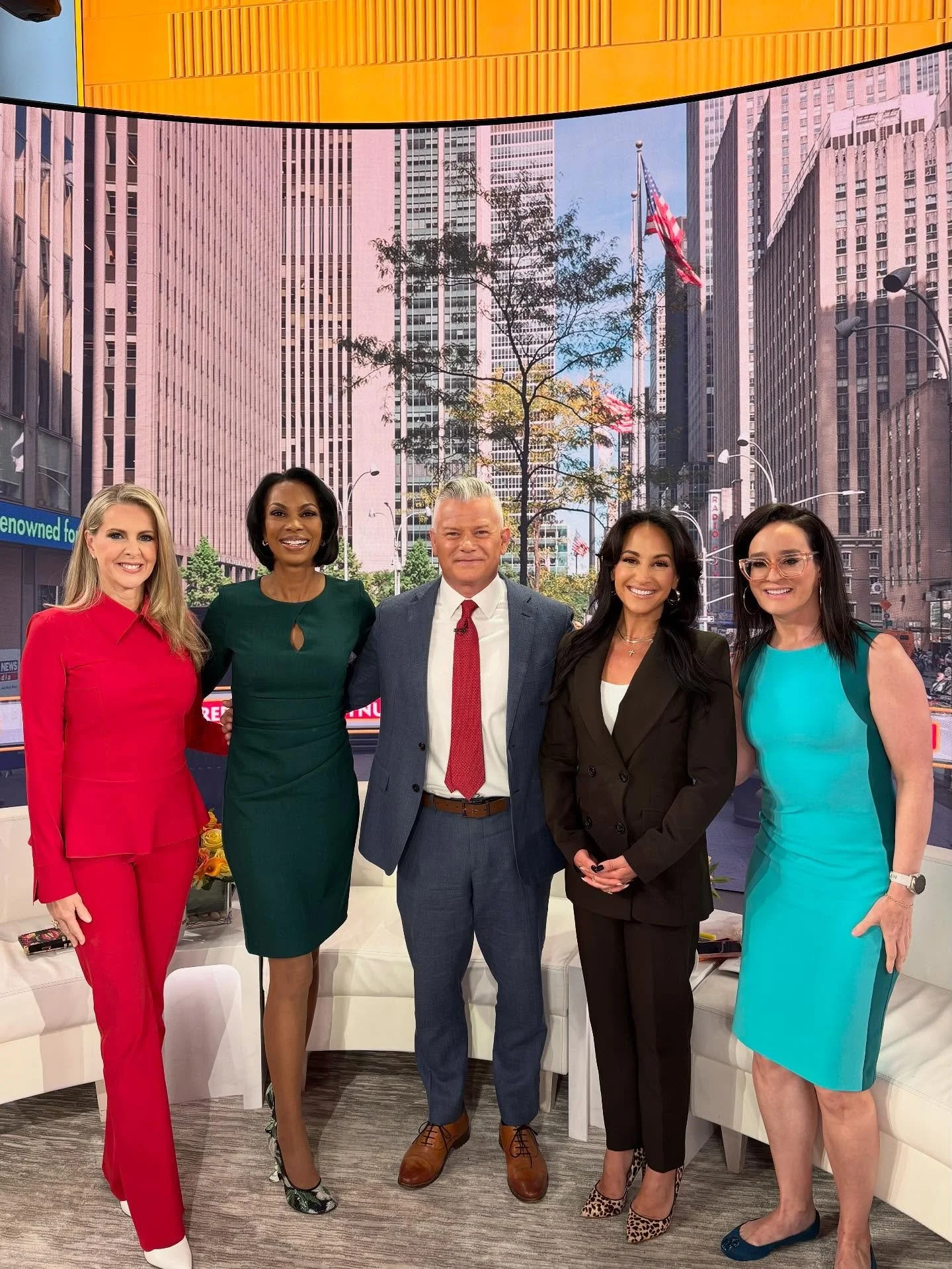 Day one in New York was a success! I had the honor of joining @lawrencebjones3 on @foxandfriends this morning alongside fellow contributor @donnarotunno, and the privilege of taking a seat on the curvy couch for a great conversation on @outnumberedfn