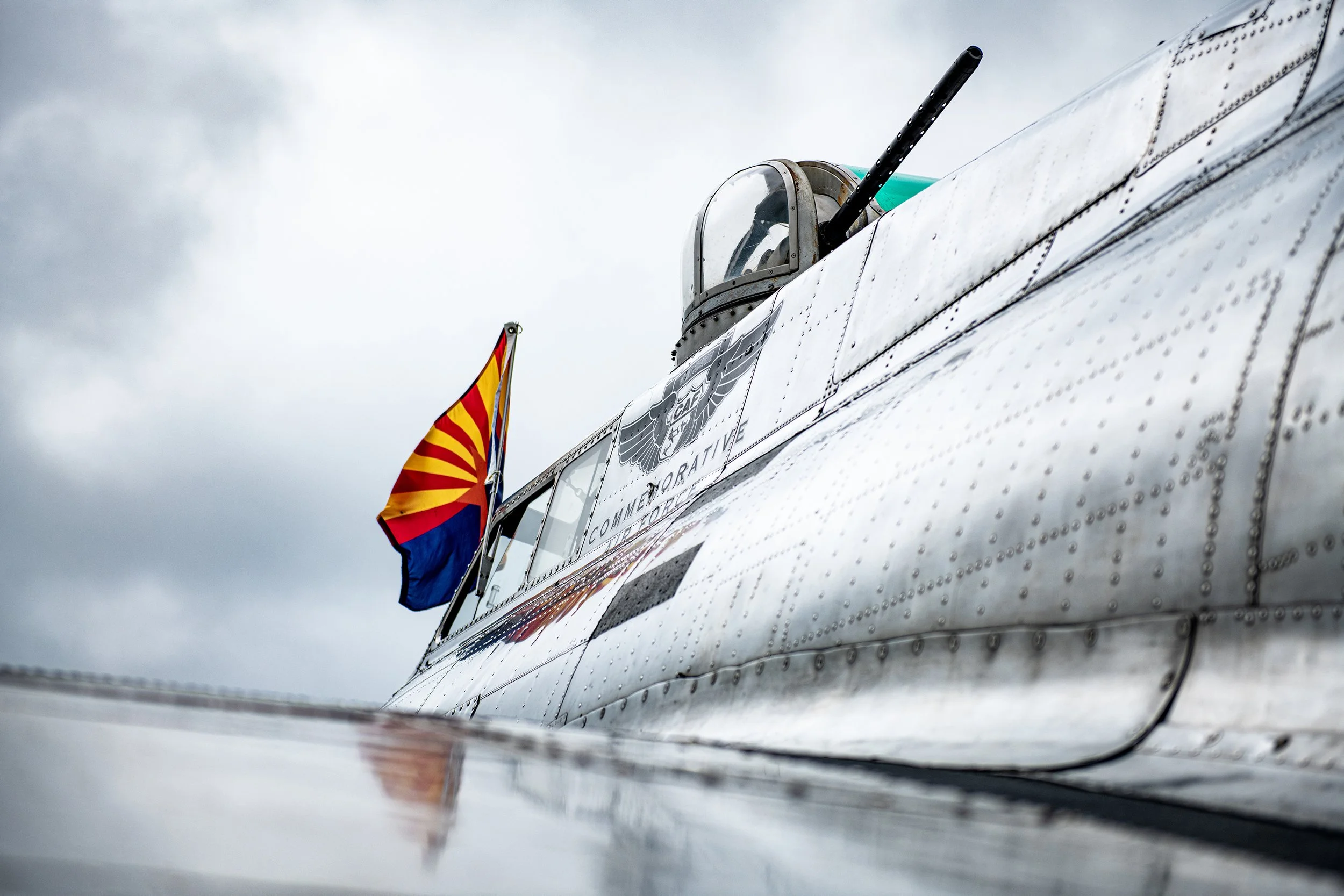 Close-up of a vintage fighter jet with a Persian Gulf state flag mounted on the side and a cloudy sky in the background.
