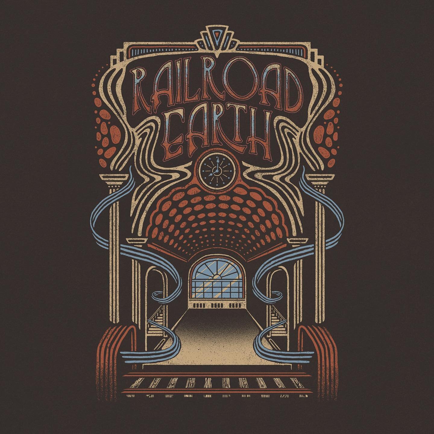 &ldquo;Halls of Time&rdquo; for @railroadearth!

The band proposed the idea of an art-deco style train station facade with a touch of psychedelia, which guided the design&rsquo;s direction. We took inspiration from various train stations from around 