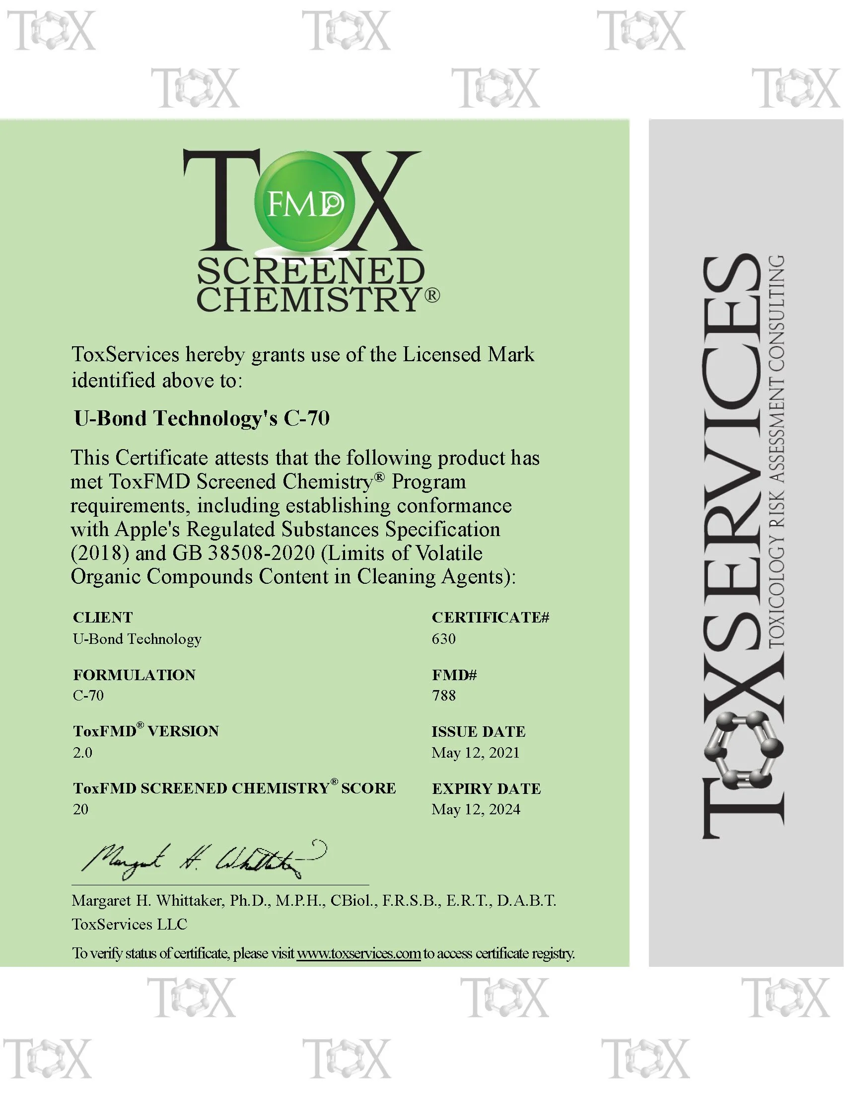 U-Bond Technology's C-70 Certificate