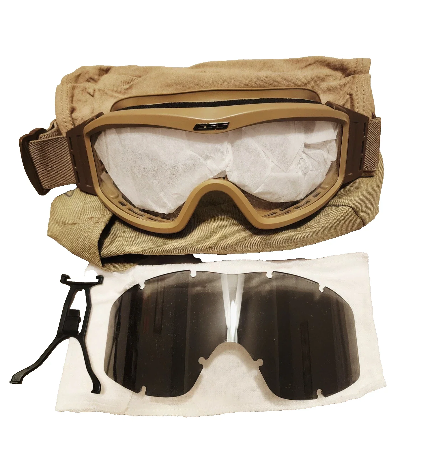 ESS Profile NVG Tan Goggles Military with Clear Lens, Tinted Lens, & Carry Pouch Used